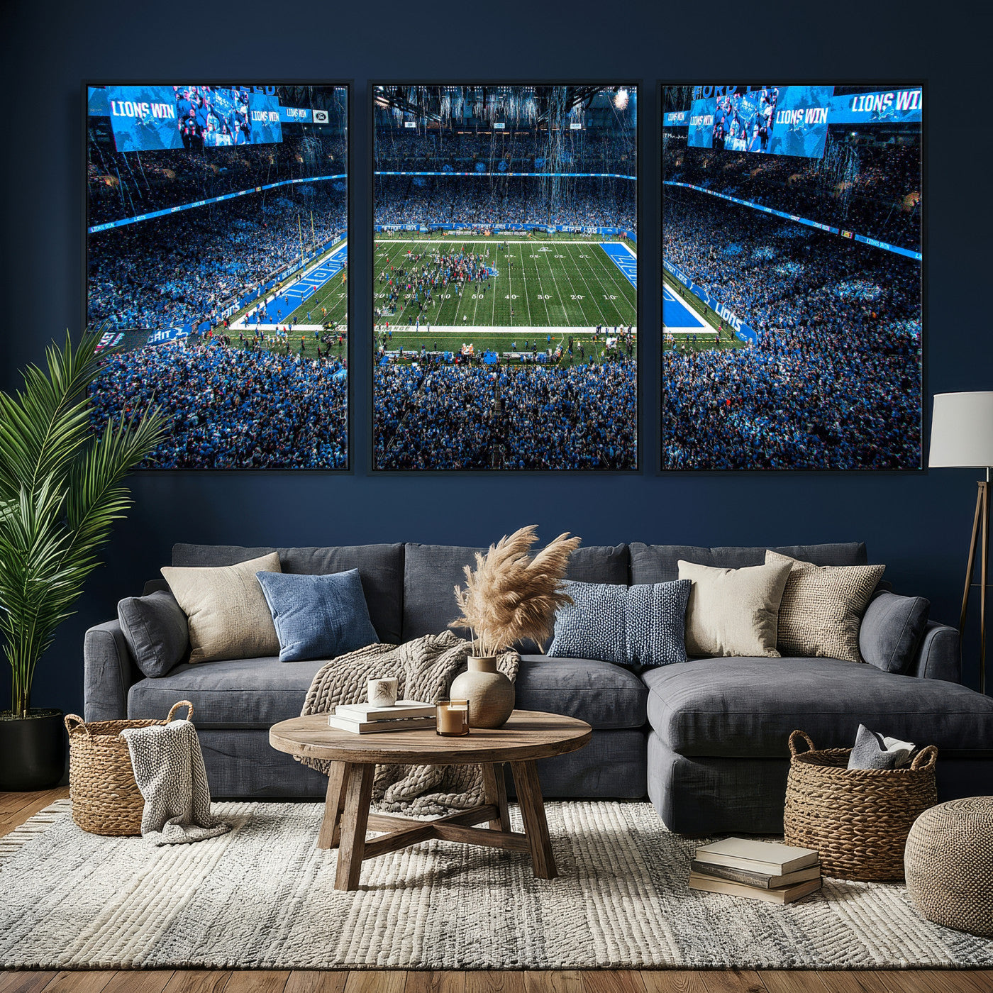 80882005-MGV-CV-36X24 - Detroit Lions Stadium Wall Art Canvas Print, Football Field Panorama Artwork, NFL Game Night Stadium Decor