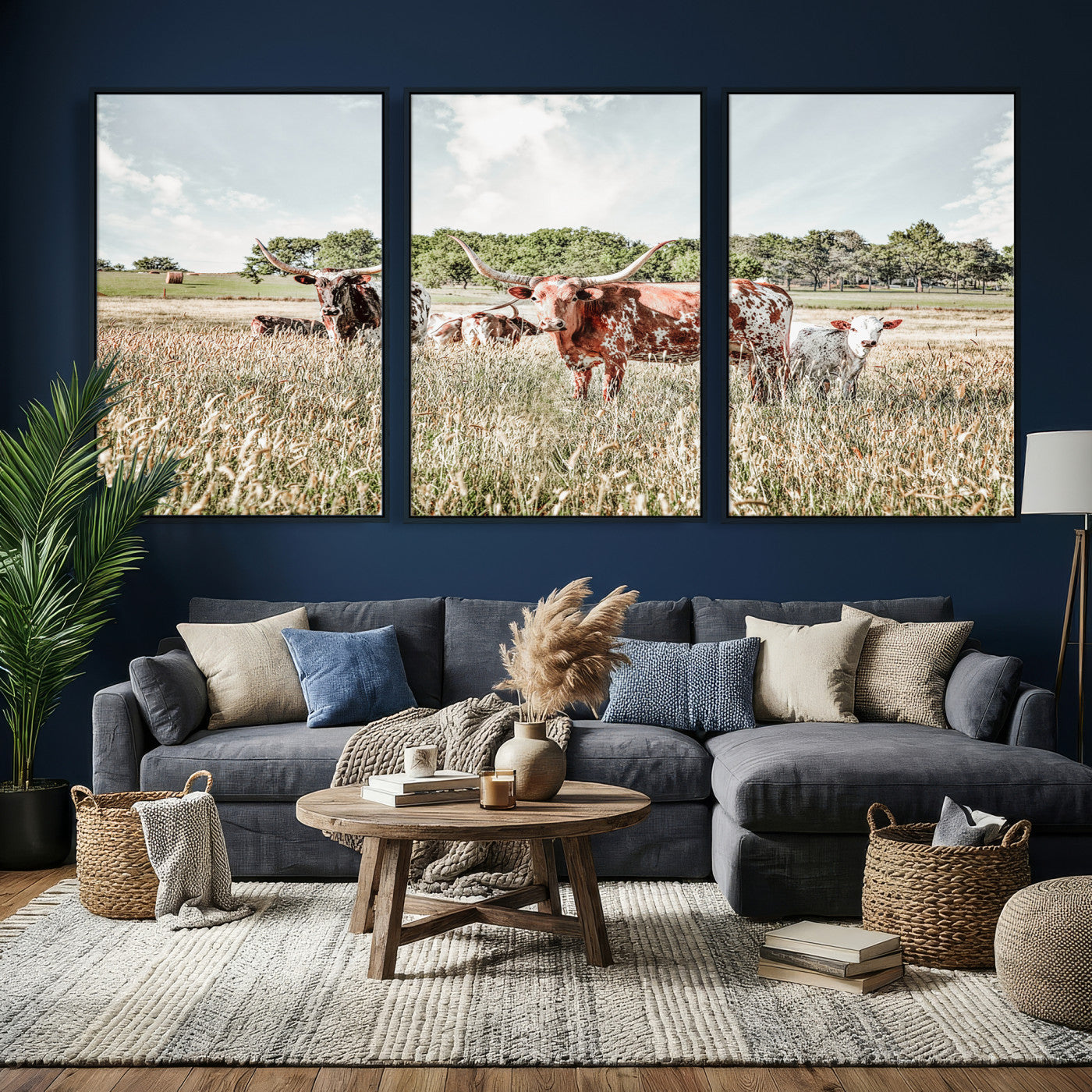21823552-MGV-CV-36X24 - Texas Longhorn Cattle Wall Art Canvas Print, Rustic Ranch Landscape Artwork, Western Farm Field Scene, Country Prairie Animal Canvas Wall Art