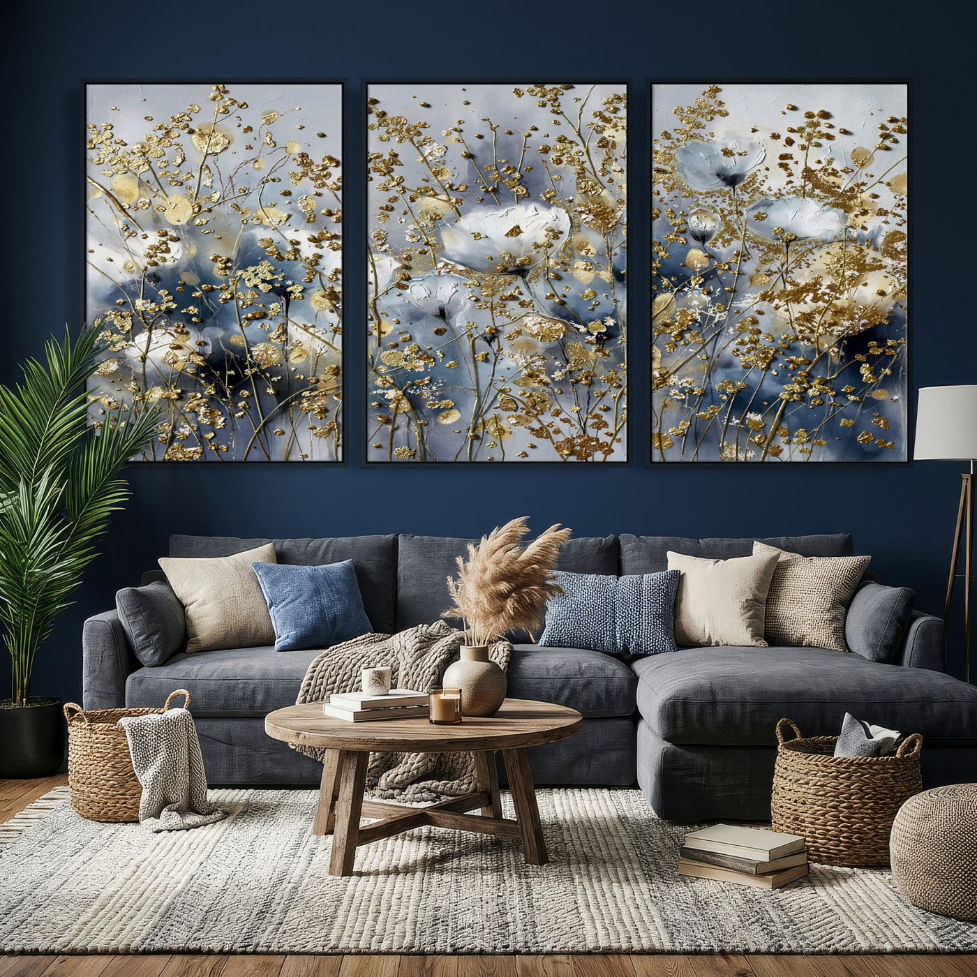 24499670-MGV-CV-36X24 - Abstract Floral Wall Art Canvas Print – Gold and Blue Botanical Artwork for Living Room, Bedroom, and Office Decor