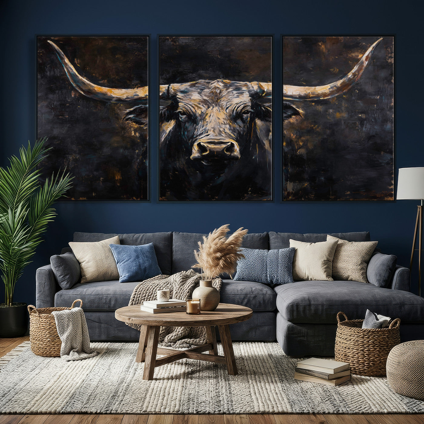 17622011-MGV-CV-36X24 - Abstract Longhorn Bull Wall Art Canvas Print – Dark Rustic Western Cattle Artwork for Farmhouse, Ranch, Cabin, and Office Decor