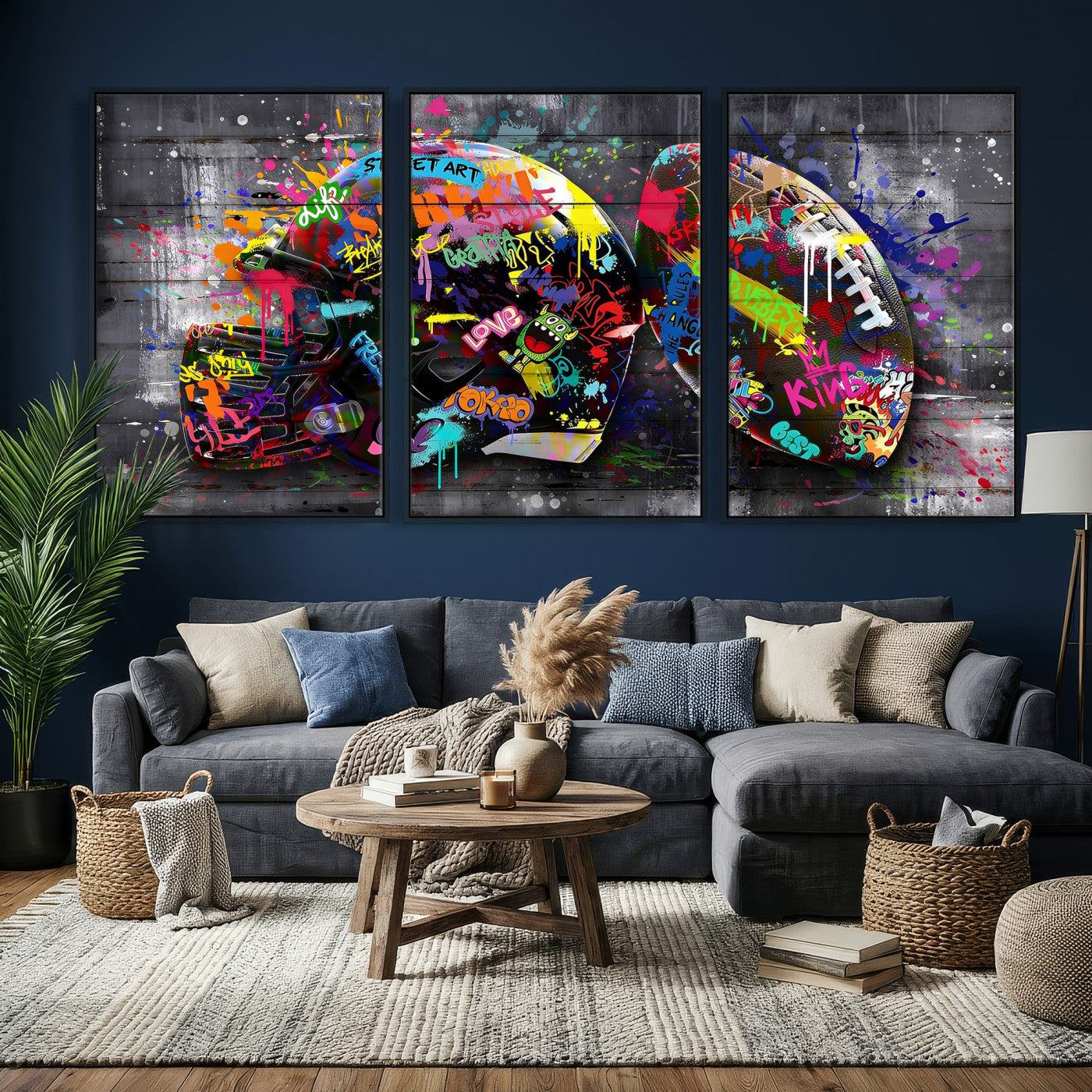 80540773-MGV-CV-36X24 - Graffiti American Football Helmet Street Art Wall Art Canvas Print, Urban Sports Pop Art Football Canvas Print, Colorful Graffiti Sports Contemporary Art Printing