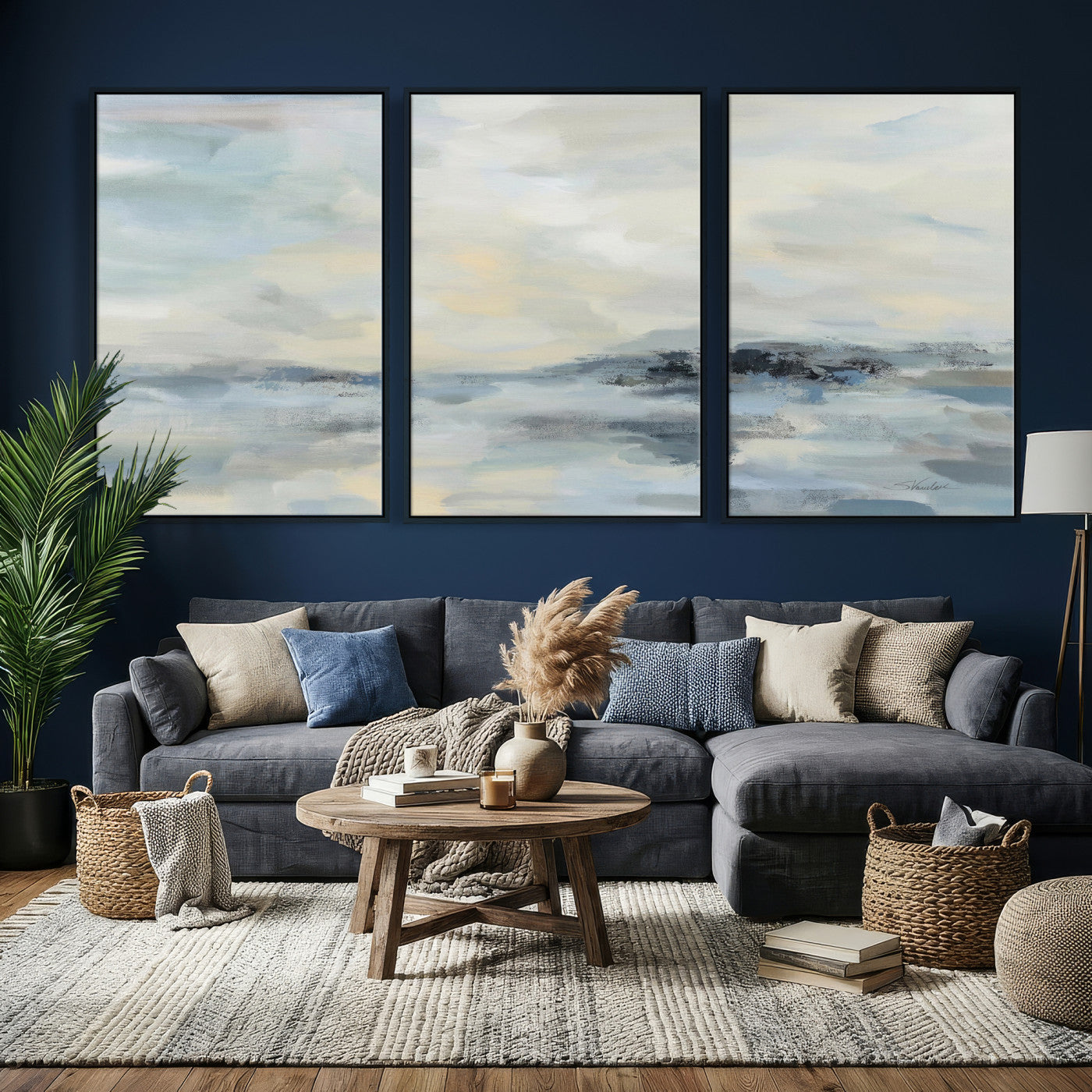 24647355-MGV-CV-36X24 - Abstract Coastal Landscape Wall Art Canvas Print – Soft Blue Gray Minimalist Painting