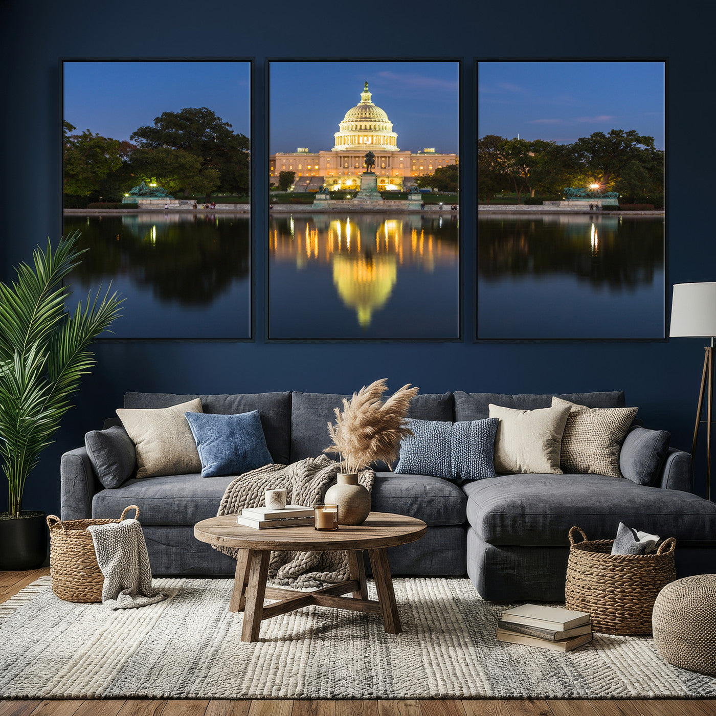 95568590-MGV-CV-36X24 - US Capitol Building Wall Art Canvas Print – Washington DC Landmark Night Reflection Artwork for Office Decor
