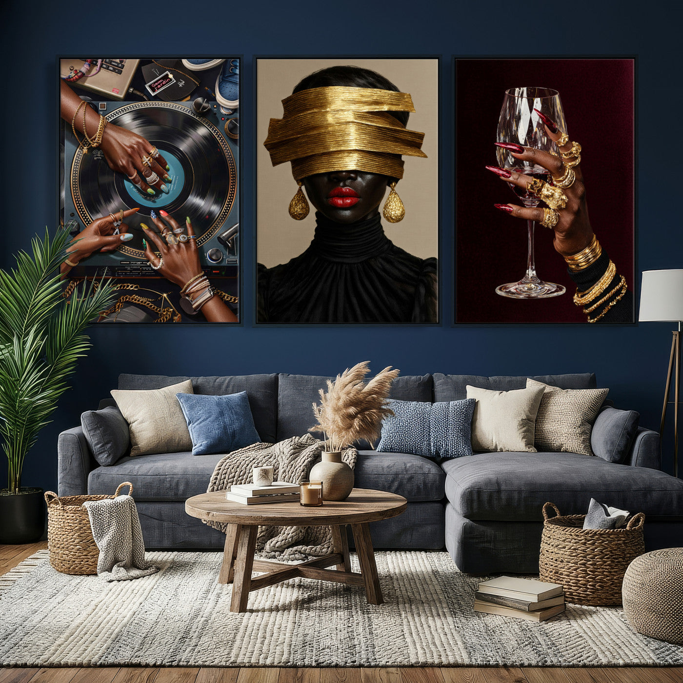 8151788S6-MGV-CV-60X30-3P - Luxury Fashion Wall Art Canvas Print Set of 3, Gold Jewelry Portrait Triptych, Glam Black Woman Modern Artwork