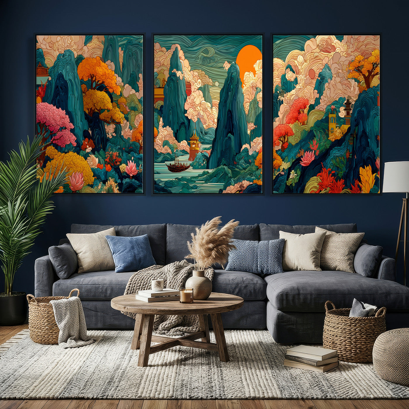 90422518-MGV-CV-48X32-3P - Colorful Japanese Landscape Print: Maximalist Panoramic Wall Art
