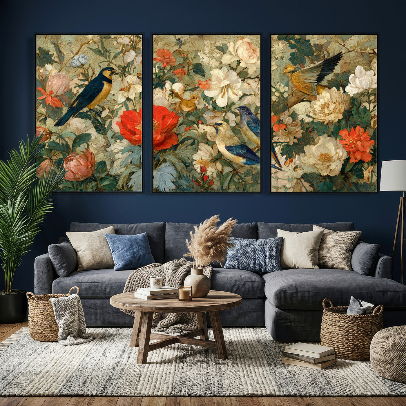52904757-MGV-CV-36X24 - Vintage Birds and Flowers Wall Art Canvas Print, Botanical Bird Painting Canvas Print, Floral Garden Bird Artwork Canvas Print, Classic Bird Flower Painting Canvas Print