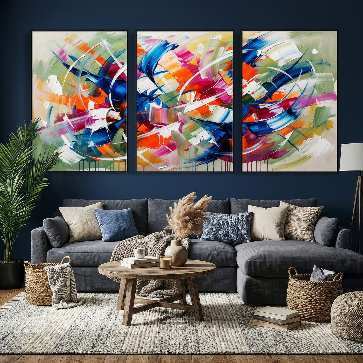 15032888-MGV-CV-36X24 - Geometric Abstract Wall Art Canvas Print, Orange Blue Abstract Expressionist Painting Print, Modern Geometric Abstract Canvas Art