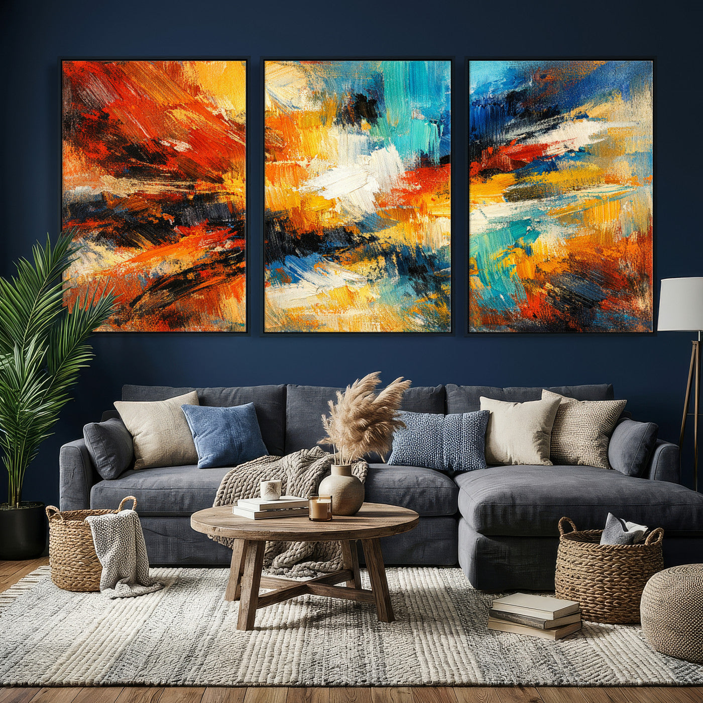 93167583-MGV-CV-36X24 - Geometric Abstract Wall Art Canvas Print, Orange Blue Abstract Expressionist Painting Print, Modern Geometric Abstract Canvas Art