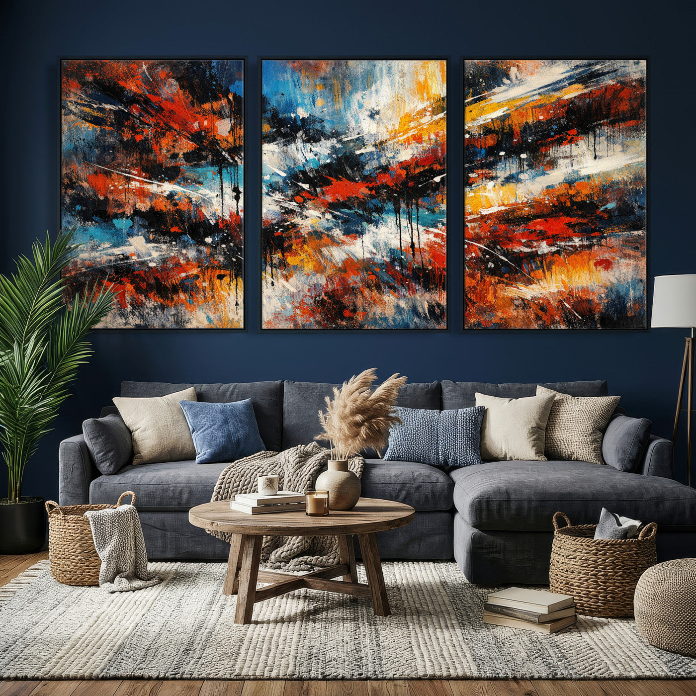 80276069-MGV-CV-36X24 - Geometric Abstract Wall Art Canvas Print, Orange Blue Abstract Expressionist Painting Print, Modern Geometric Abstract Canvas Art