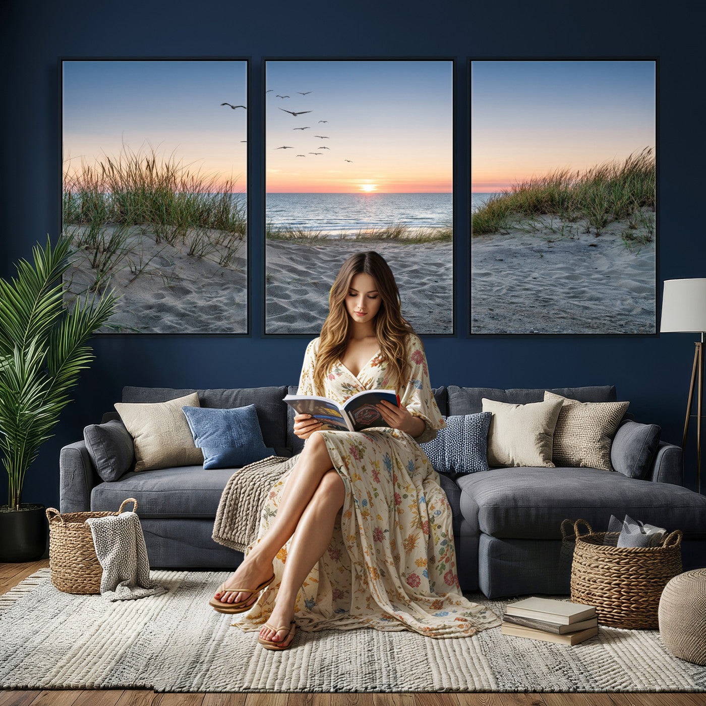 12172032-MGV-CV-36X24 - Sandy Dune Path Sunset Canvas Wall Art — Seagulls Beach Ocean Photography Print | Coastal Home Decor | Nautical Wall Art | Beach House Gift