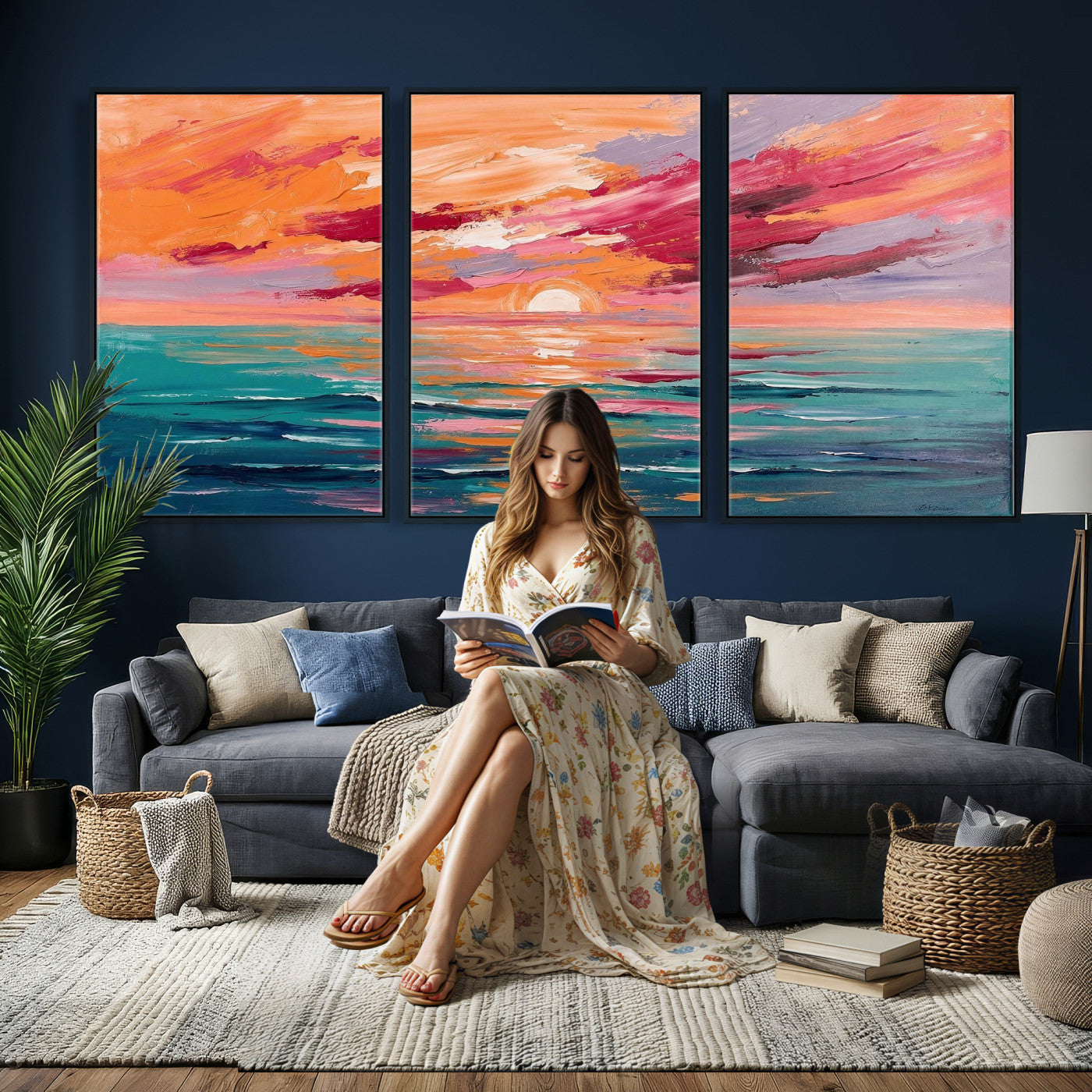 26763902-MGV-CV-36X24 - Bold Palette Knife Ocean Sunset Canvas — Orange Pink Teal Expressionist Sea Print | Colorful Coastal Wall Art | Vibrant Beach Decor Gift