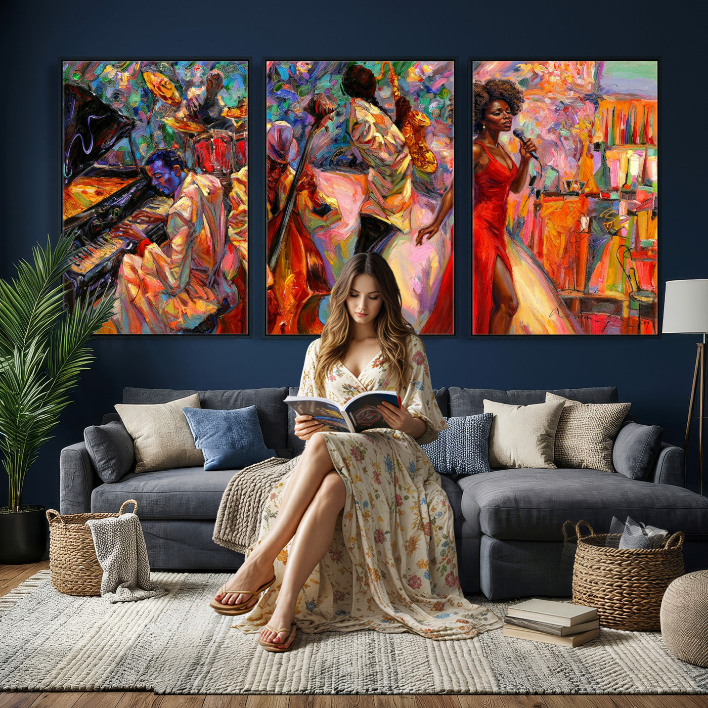 72615137-MGV-CV-36X24 - African American Jazz Singer Canvas Art - Red Dress Black Woman Music Print | Colorful Jazz Band Wall Decor | Living Room Gift for Her