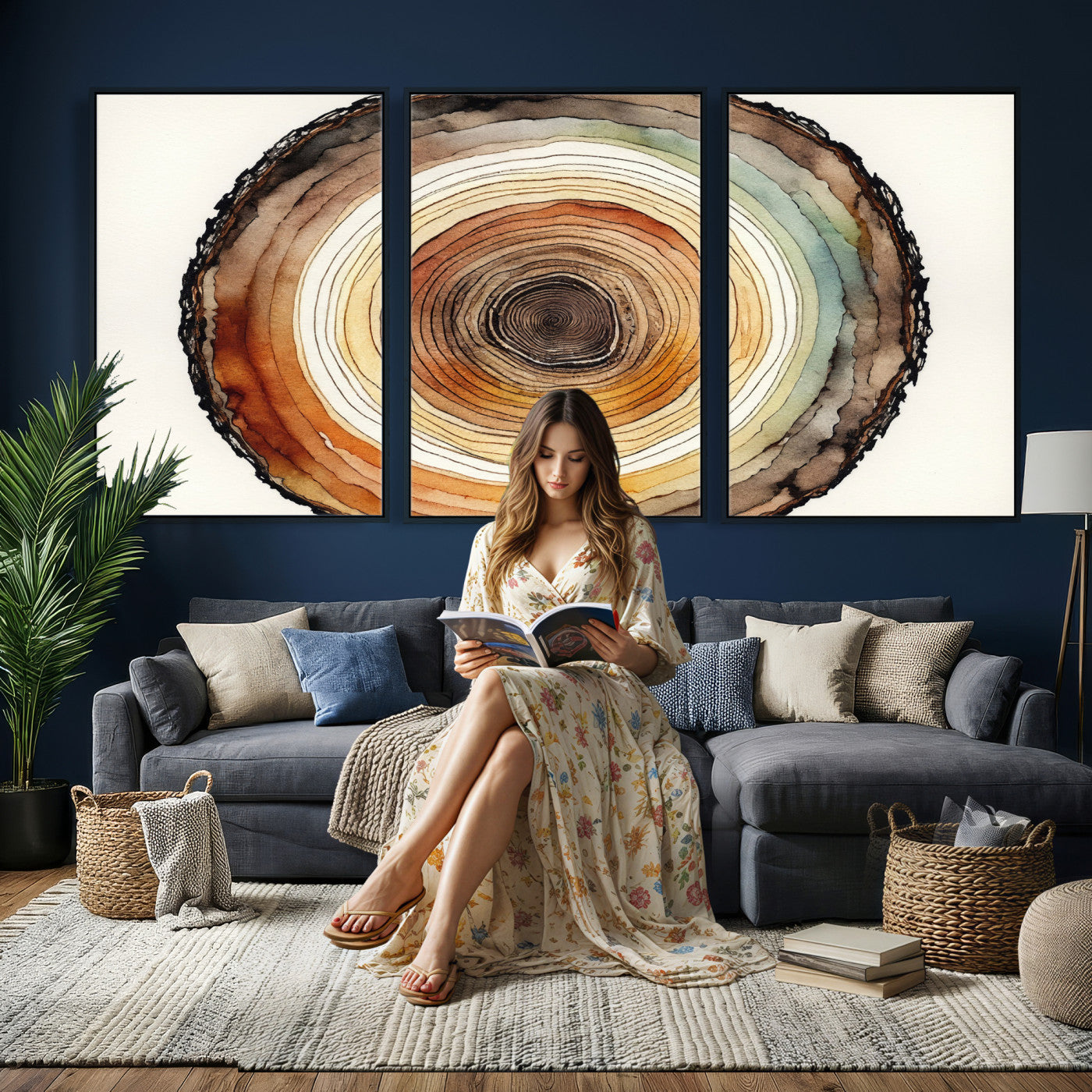 13719680-MGV-CV-36X24 - Natural Wood Slice Wall Art Canvas Print, Tree Ring Wall Art, Framed Abstract Nature Wall Decor, Earth Tone Statement Canvas Print