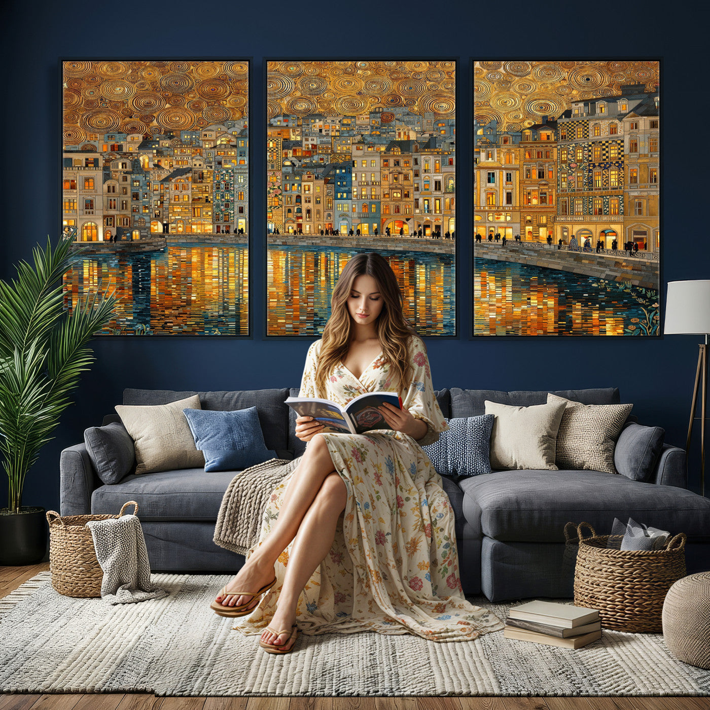 94022787-MGV-CV-36X24 - Gustav Klimt Golden Cityscape Wall Art Canvas Print, Framed River Town Landscape Artwork, Ornate Architecture Wall Decor for Living Room Bedroom Office