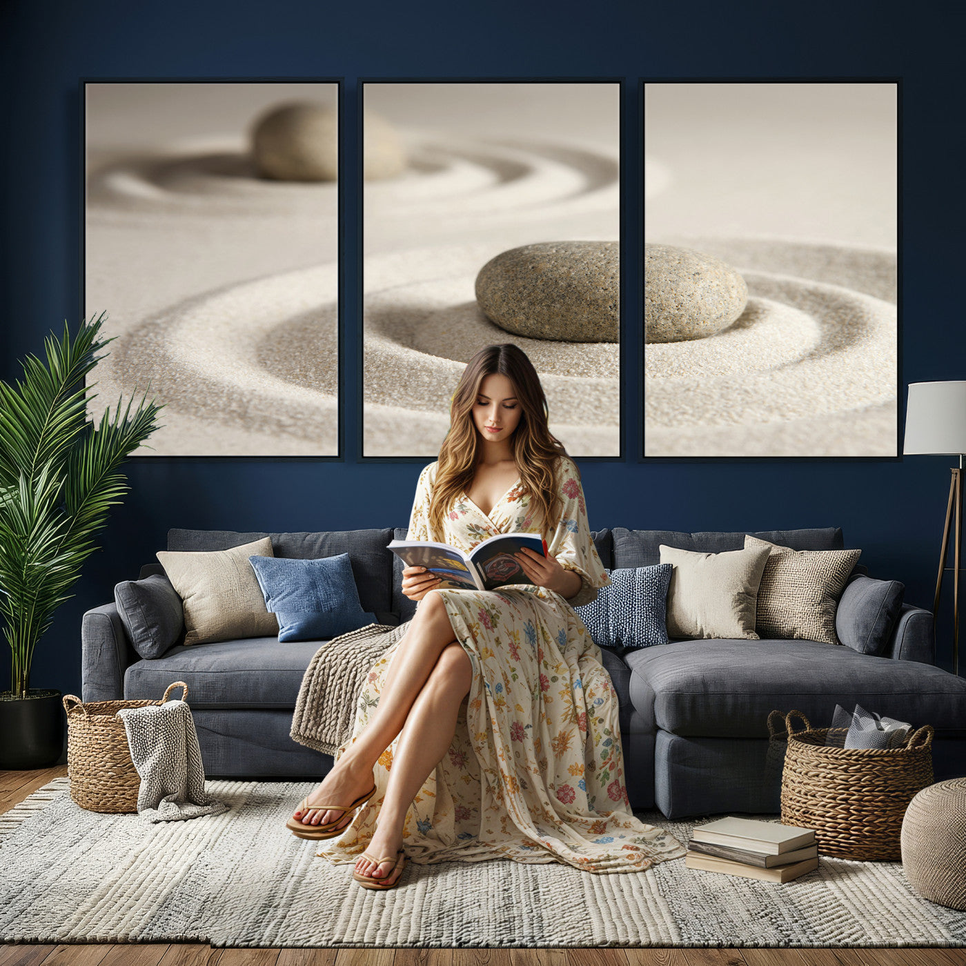 13397966-MGV-CV-36X24 - Zen Garden Stone Sand Canvas | Japanese Rock Garden Wall Art | Minimalist Meditation Print | Neutral Beige Mindfulness Decor