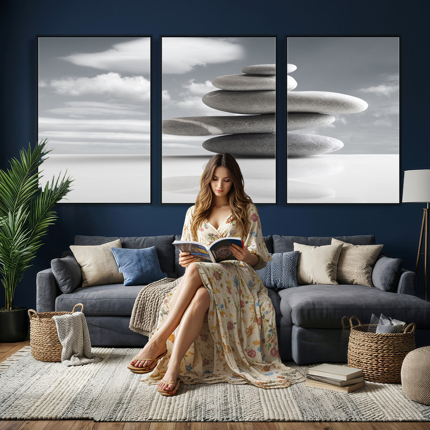 86426188-MGV-CV-36X24 - Zen Stone Wall Art Canvas Print, Balanced Rock Stack Framed Spa Artwork, Minimalist Meditation Decor for Living Room Bedroom Office Bathroom