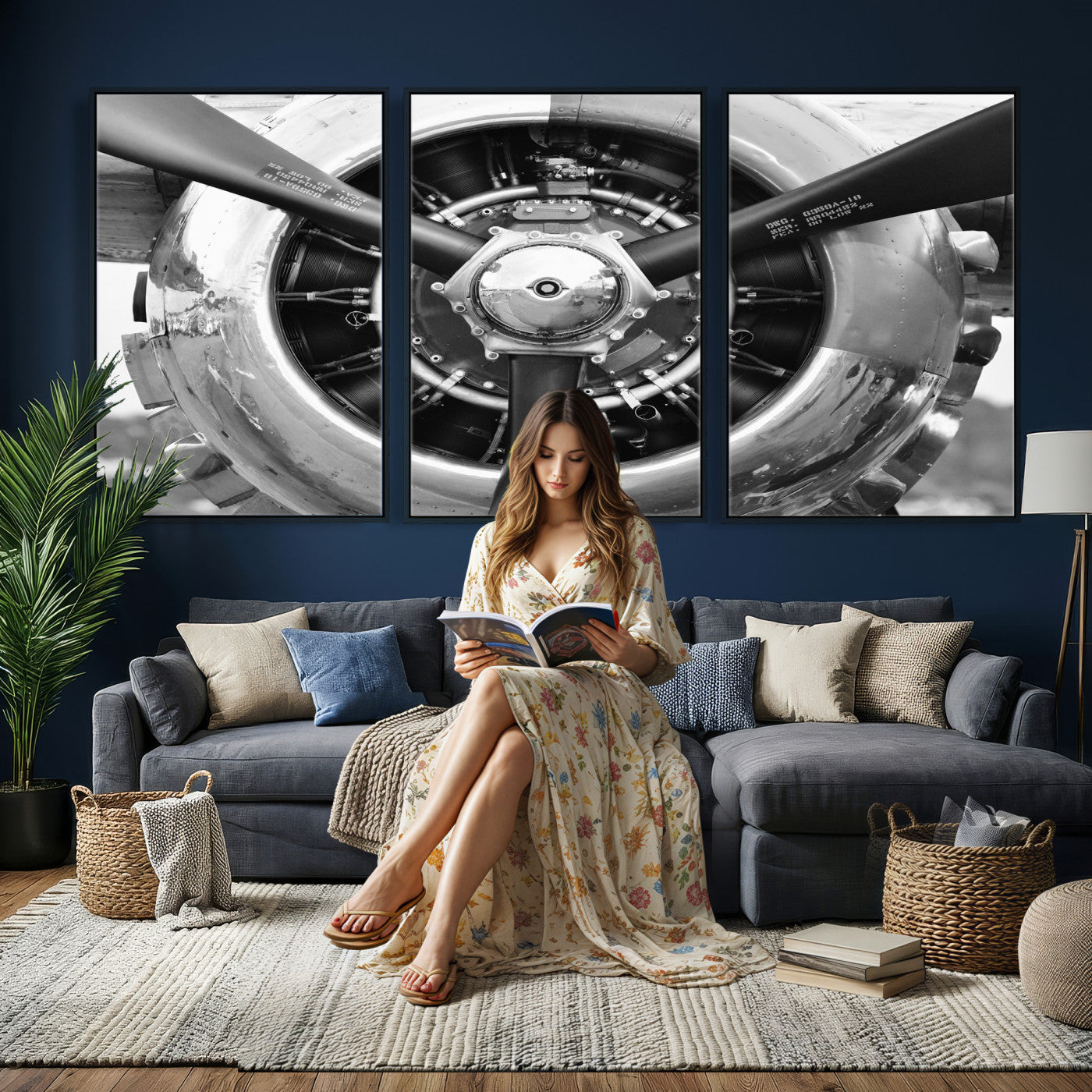 73322230-MGV-CV-36X24 - Vintage Propeller Plane Wall Art Canvas Print, Black and White Airplane Engine Close Up Framed Aviation Artwork for Pilot Office Hangar Decor