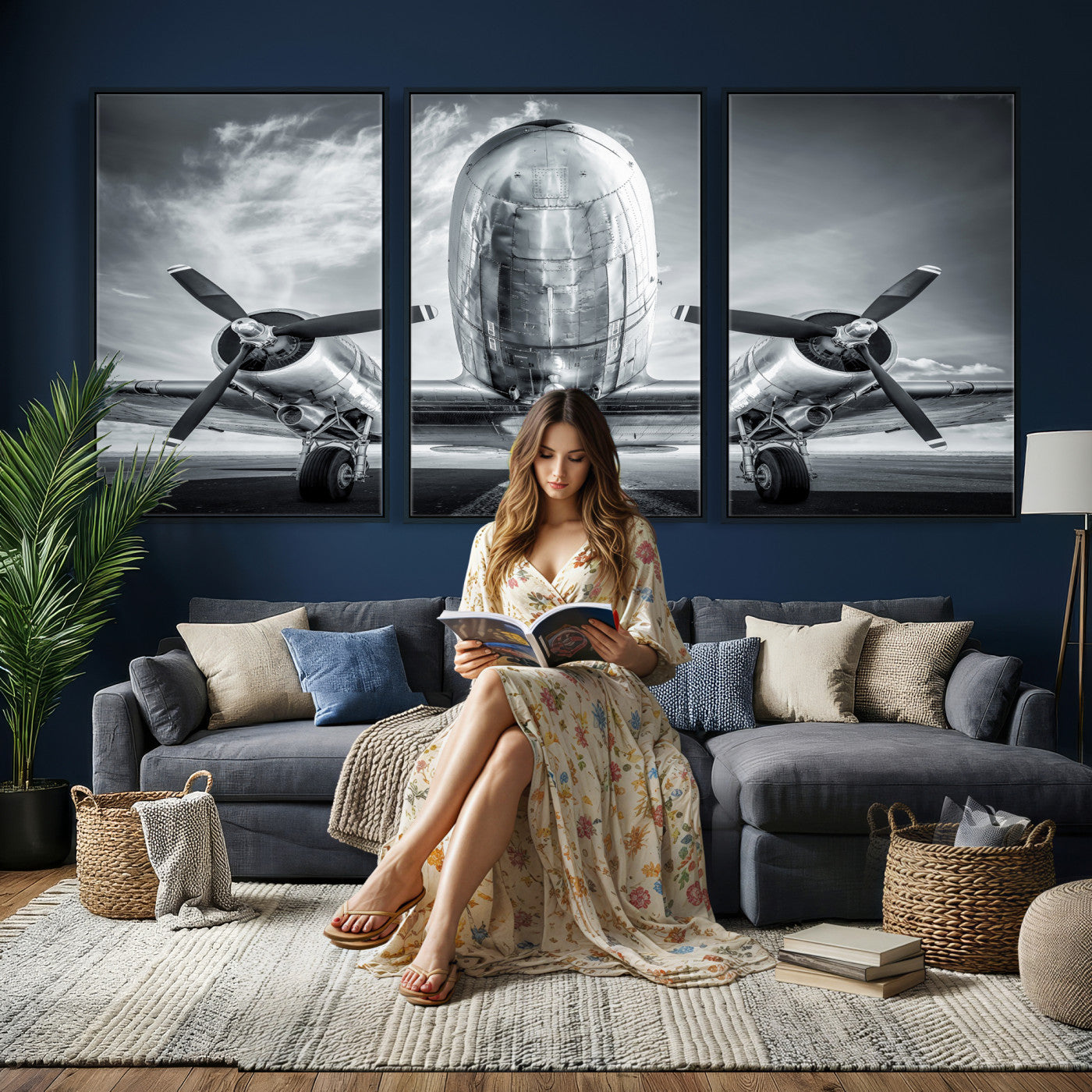 59729636-MGV-CV-36X24 - Vintage Propeller Plane Wall Art Canvas Print, Black and White Airplane Engine Close Up Framed Aviation Artwork for Pilot Office Hangar Decor
