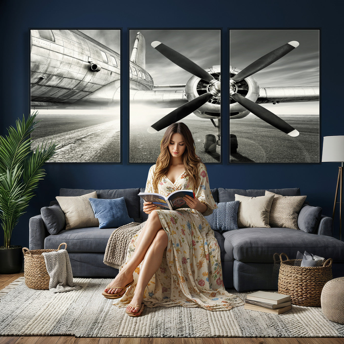 16420255-MGV-CV-36X24 - Vintage Airplane Wall Art Canvas Print, Black and White Propeller Aircraft Framed Aviation Artwork for Pilot Office Hangar Living Room Decor