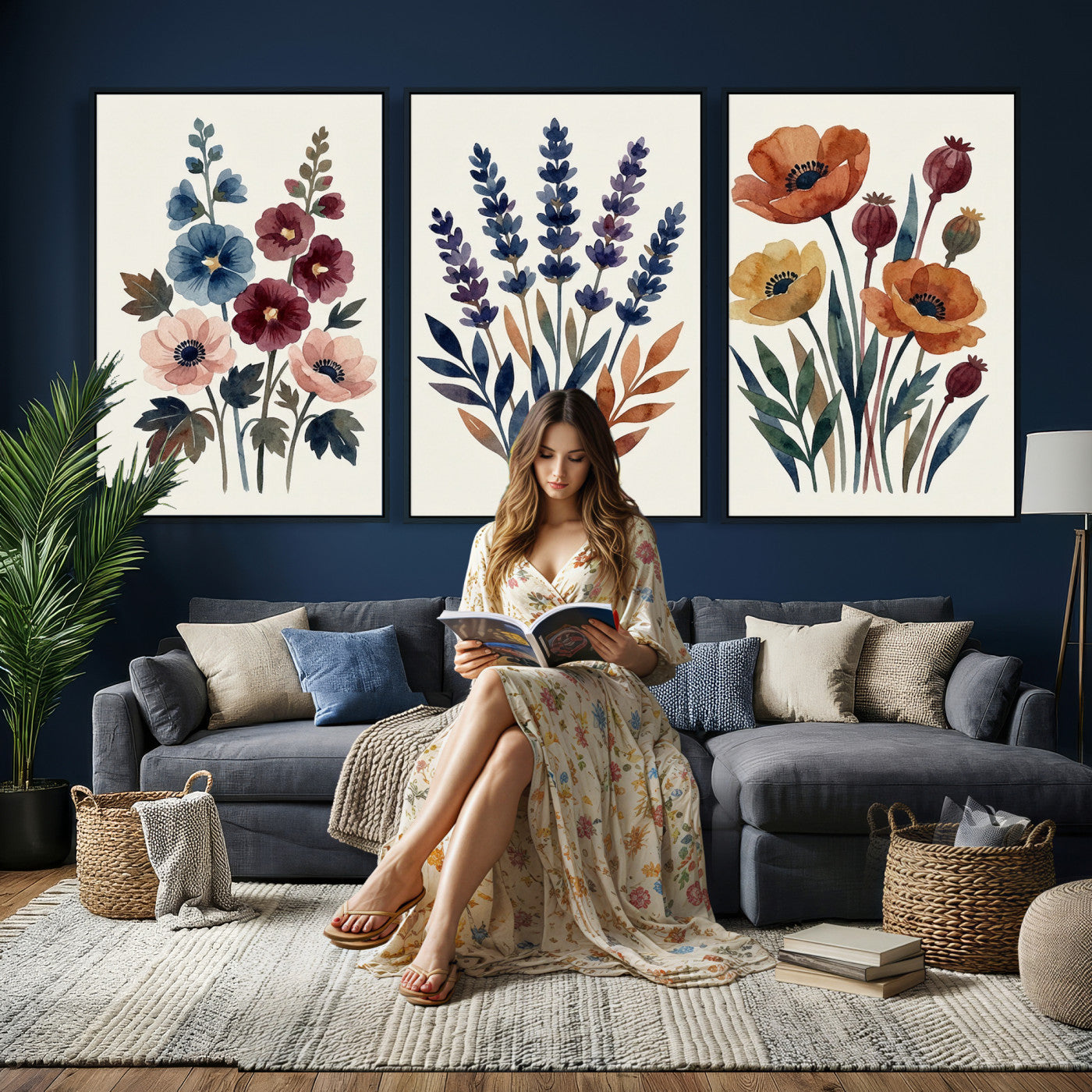66468390-MGV-CV-60X30-3P - Watercolor Botanical Canvas Wall Art Set, Navy Terracotta Floral Triptych Print, Minimalist Flower Decor, Boho Living Room Art, Scandinavian Nature Print