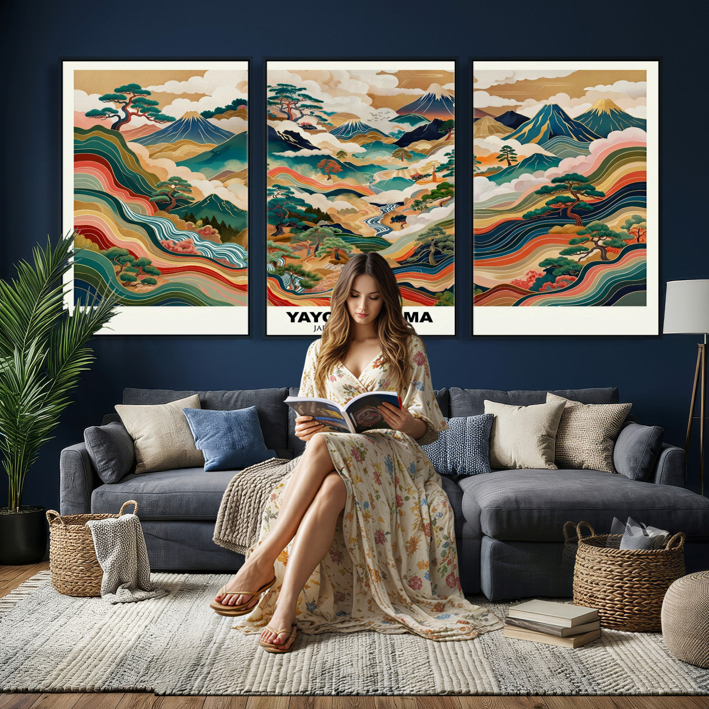 89903380-MGV-CV-60X30-3P - Japanese Grasslands Canvas Wall Art, Kusama Inspired Landscape Print, Colorful Japanese Nature Poster, Ukiyo-e Style Mountain Decor, Asian Art Print