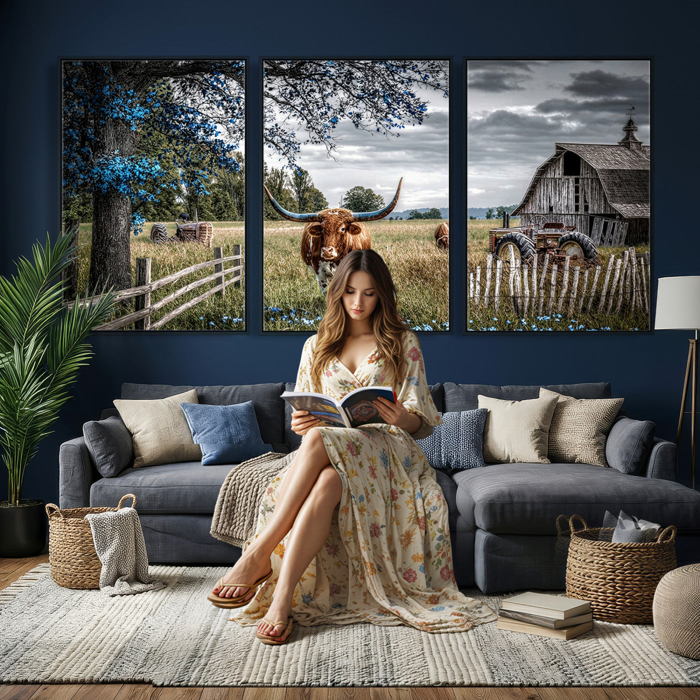 40526446-MGV-CV-60X30-3P - Texas Longhorn Canvas Wall Art, Rustic Farm Barn Bluebonnet Photography Print, Farmhouse Country Decor, Western Ranch Art, Old Truck Tractor Print