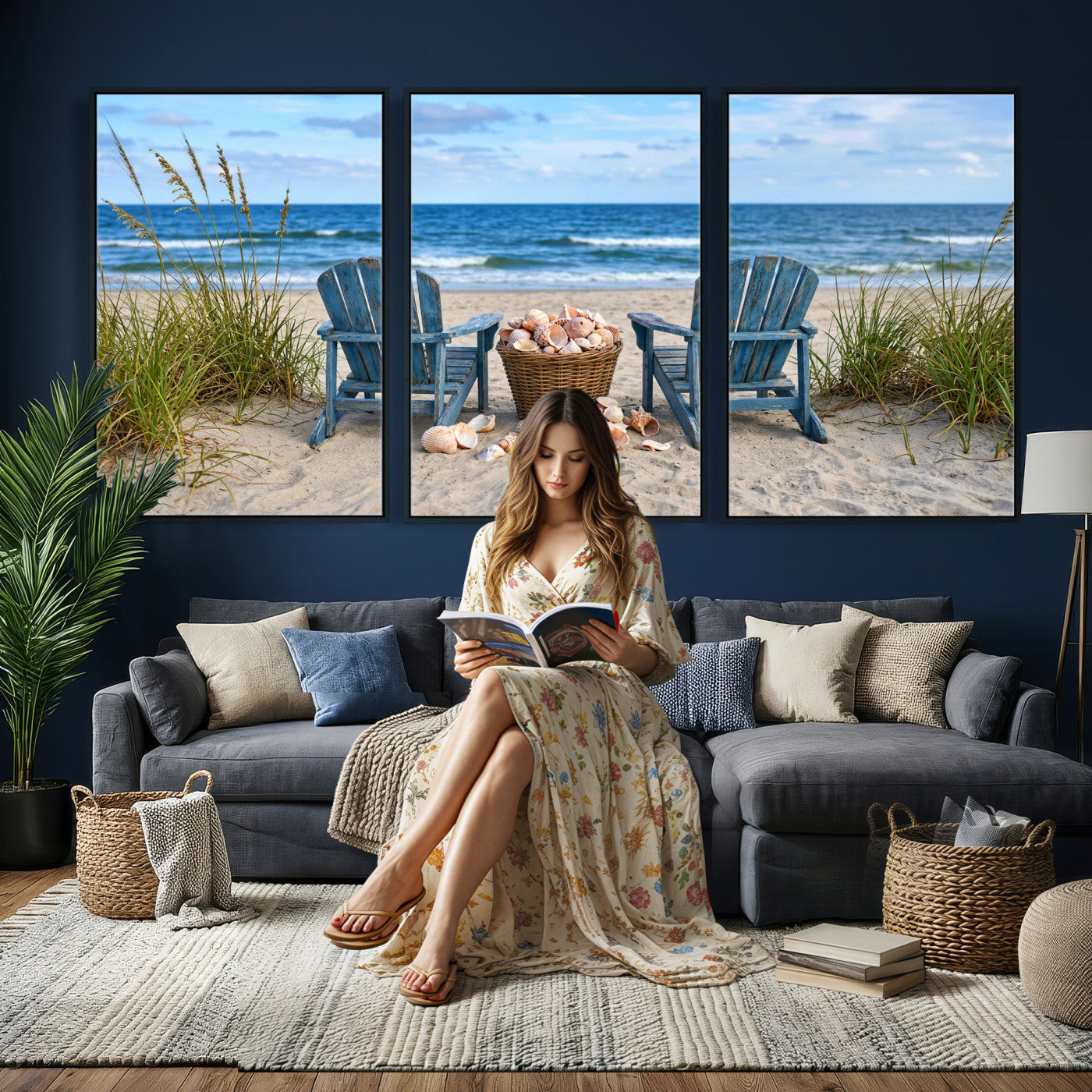 80268829-MGV-CV-36X24 - Large Beach Canvas Wall Art Coastal Adirondack Chairs Ocean Seashells Blue Nautical Framed Large for Living Room Bedroom Bathroom Decor