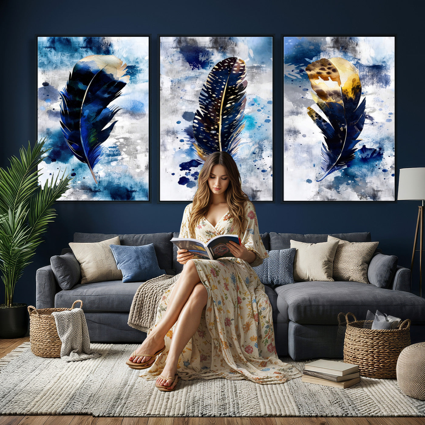 74325132F-MGV-CV-60X30-3P - Feather Canvas Wall Art Navy Blue Gold Watercolor Abstract Boho Eclectic Framed Large for Living Room Bedroom Office Entryway Decor