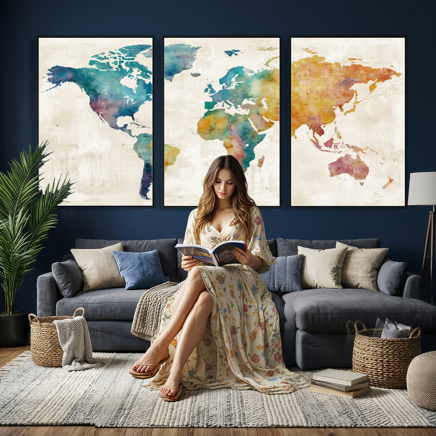 56556018-MGV-CV-36X24 - Watercolor World Map Canvas Wall Art Print – Abstract Colorful Travel Wall Decor