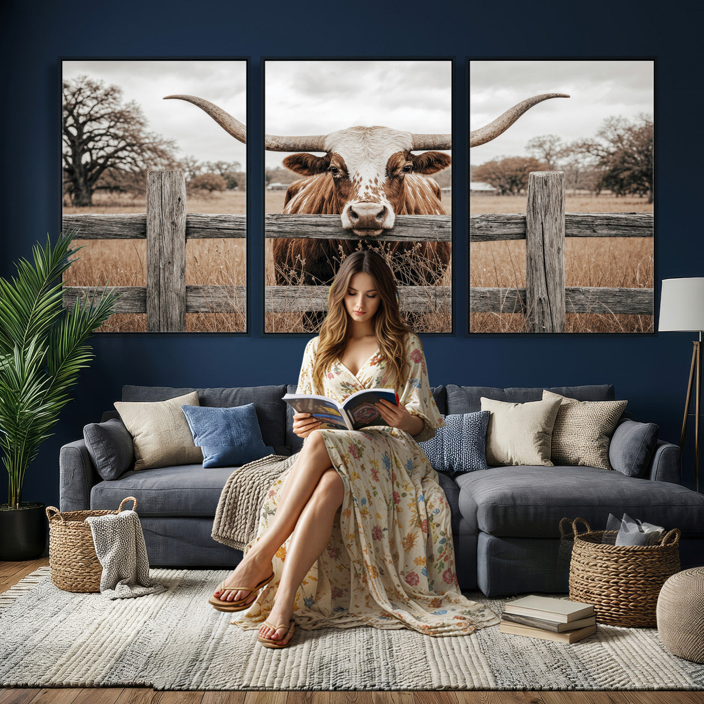59378683N-MGV-CV-60X30-3P - Farmhouse Texas Longhorn Bull Canvas Wall Art, Western Ranch Cattle Photography Print, Rustic Barn Cowboy Decor Artwork