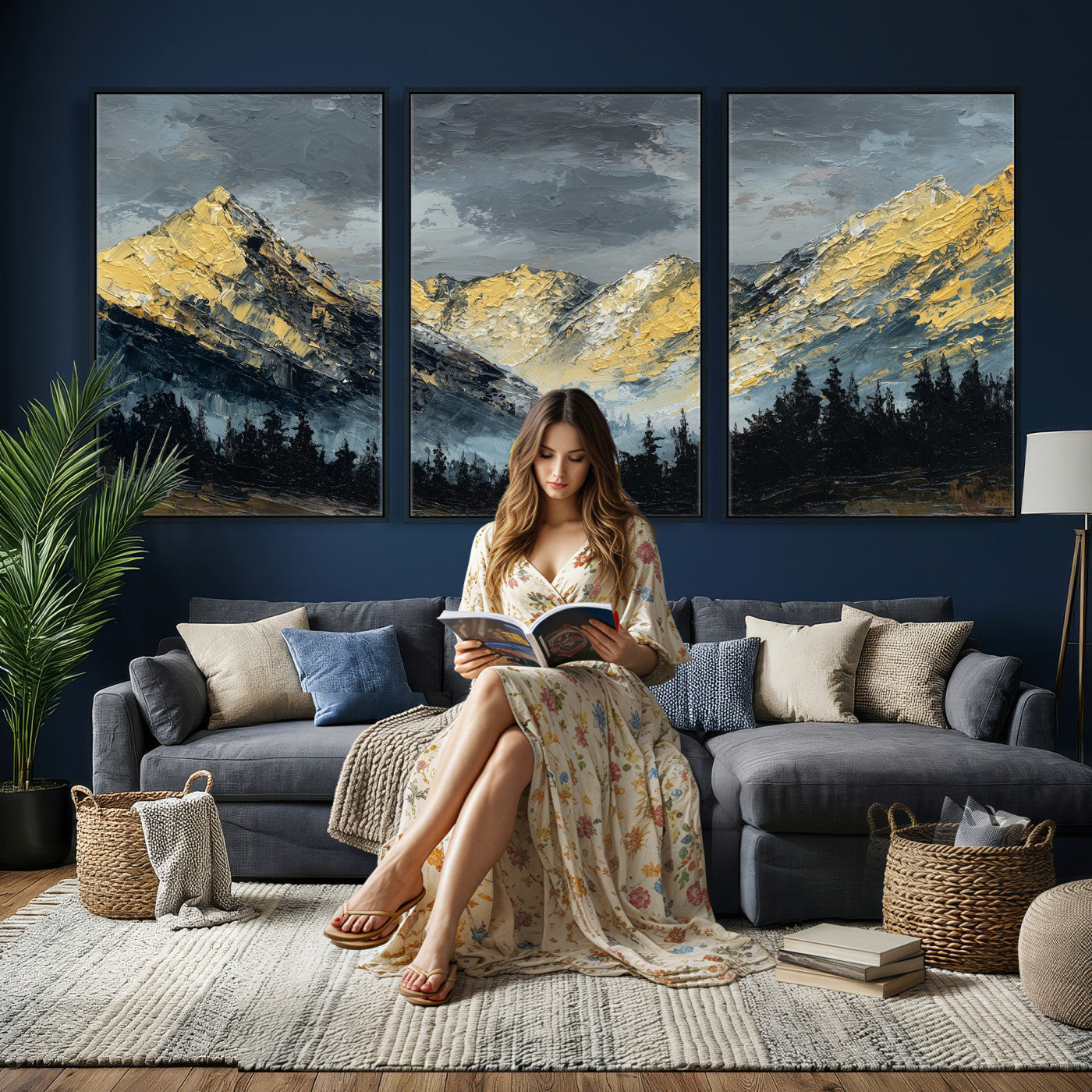 86912101-MGV-CV-48X32-3P - Abstract Mountain Wall Art Canvas Print Modern Landscape Painting Print