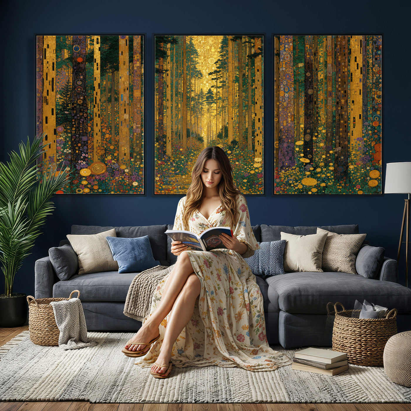79483321G-MGV-CV-48X32-3P - Gustav Klimt Style Forest Canvas Wall Art, Golden Forest Path Floral Art Nouveau Print, Enchanted Woodland Decor