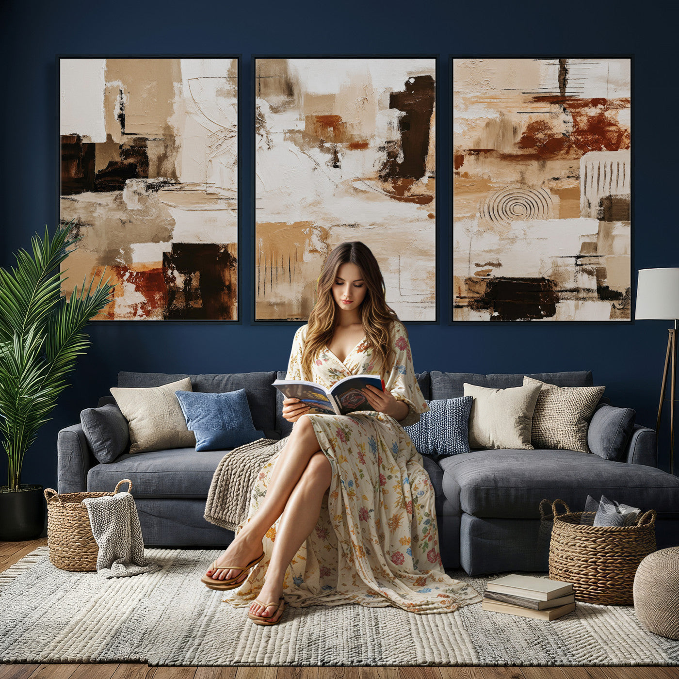 26560159-MGV-CV-36X24 - Blue Teal Abstract Canvas Wall Art, Modern Textured Painting Print, Navy Orange White Contemporary Art, Neutral Living Room Decor, Office Art