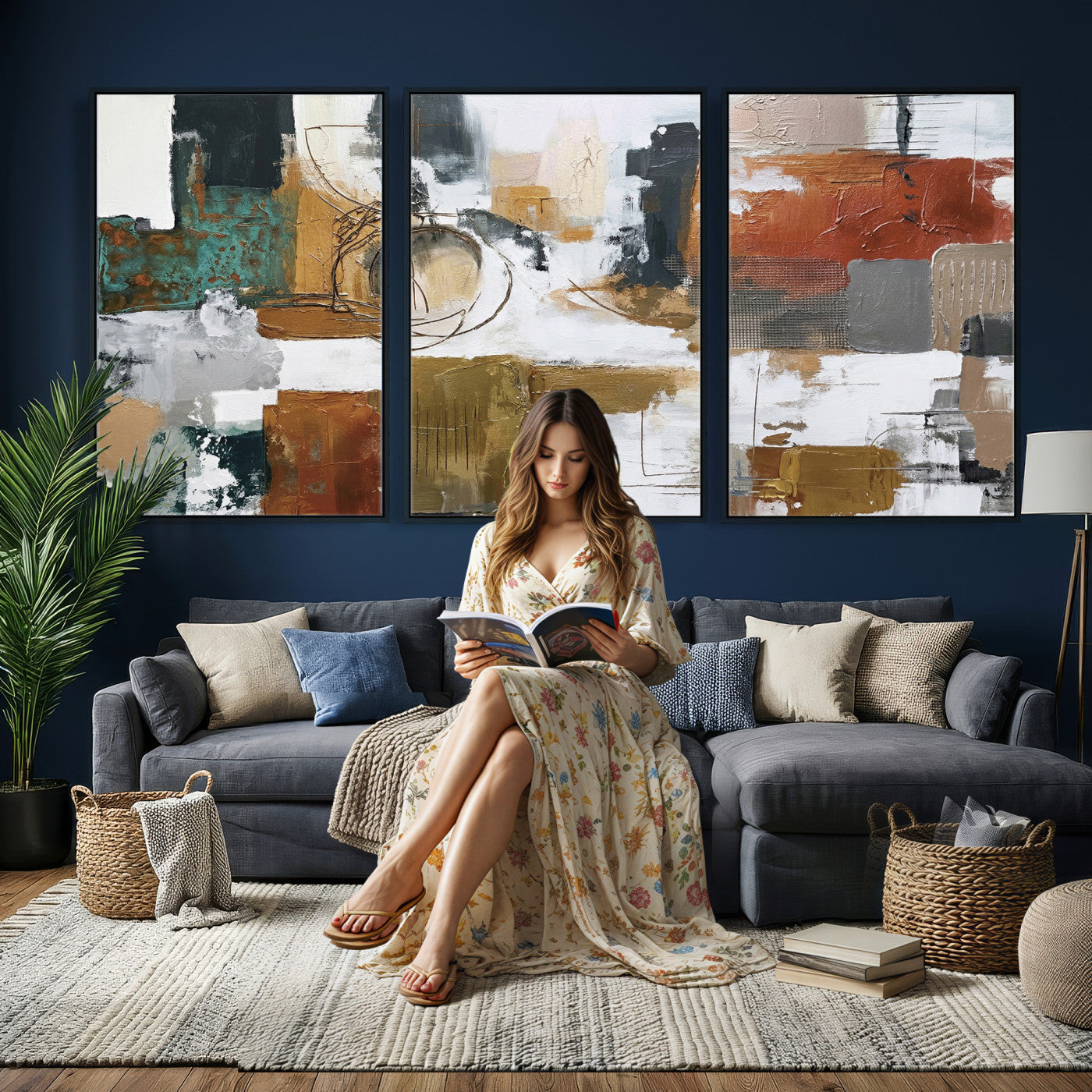 50720312-MGV-CV-36X24 - Blue Teal Abstract Canvas Wall Art, Modern Textured Painting Print, Navy Orange White Contemporary Art, Neutral Living Room Decor, Office Art