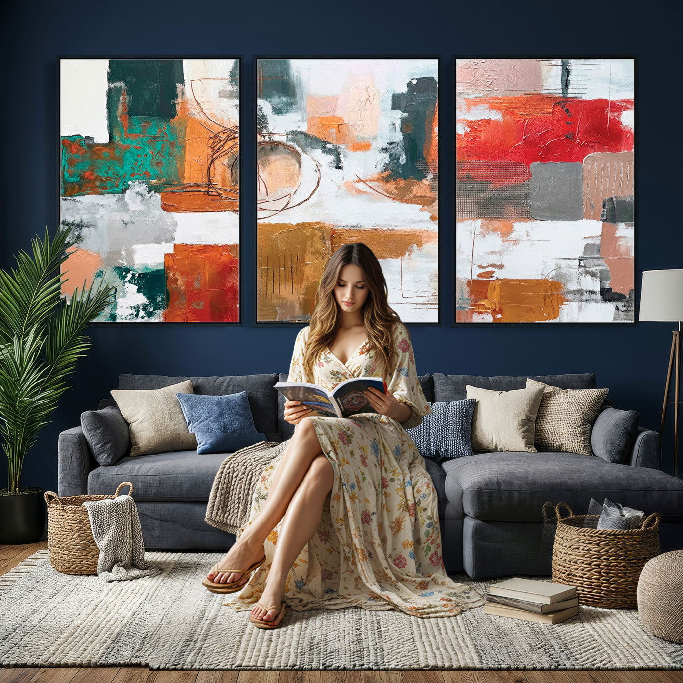50720312-MGV-CV-36X24 - Blue Teal Abstract Canvas Wall Art | Modern Textured Painting Print, Navy Orange White Contemporary Art, Neutral Living Room Decor, Office Art.