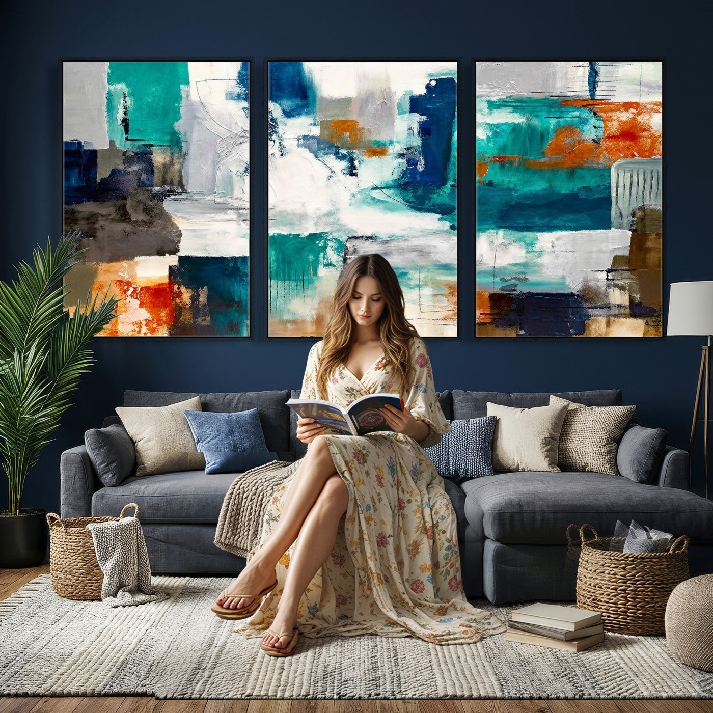 44038089-MGV-CV-36X24 - Blue Teal Abstract Canvas Wall Art, Modern Textured Painting Print, Navy Orange White Contemporary Art, Neutral Living Room Decor, Office Art