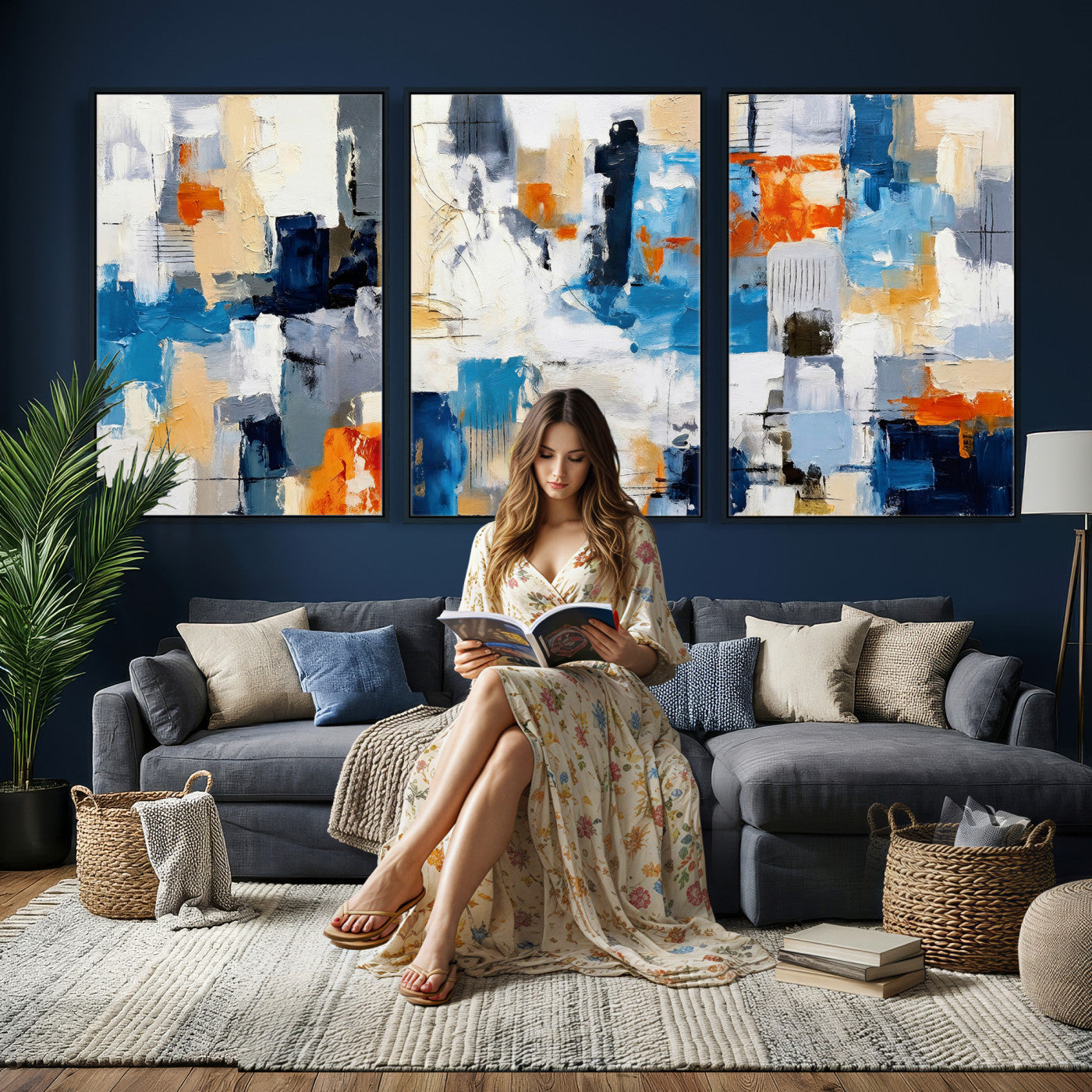 83915061-MGV-CV-36X24 - Blue Teal Abstract Canvas Wall Art, Modern Textured Painting Print, Navy Orange White Contemporary Art, Neutral Living Room Decor, Office Art