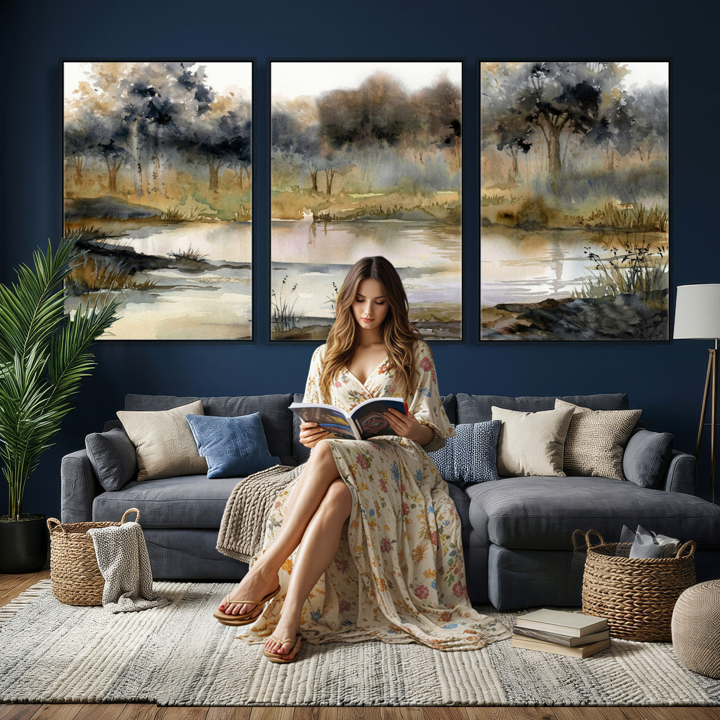 27383609-MGV-CV-36X24 - Abstract Watercolor Autumn Lake Canvas Wall Art Print - Misty Forest Landscape, Rustic Nature Painting, Cabin Wall Decor - Ready to Hang