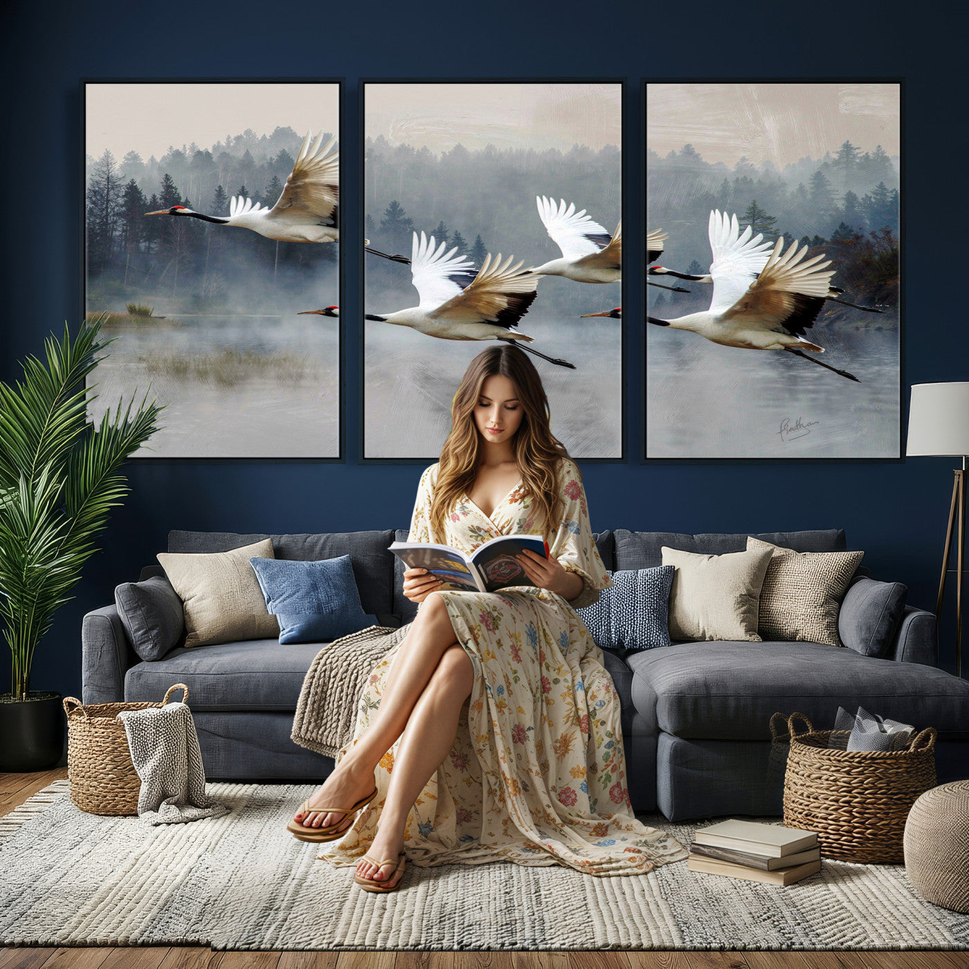 24356826-MGV-CV-36X24 - Flying Crane Canvas Wall Art Print, White Crane Bird Artwork, Wildlife Nature Decor, Lake Landscape Canvas, Ready to Hang