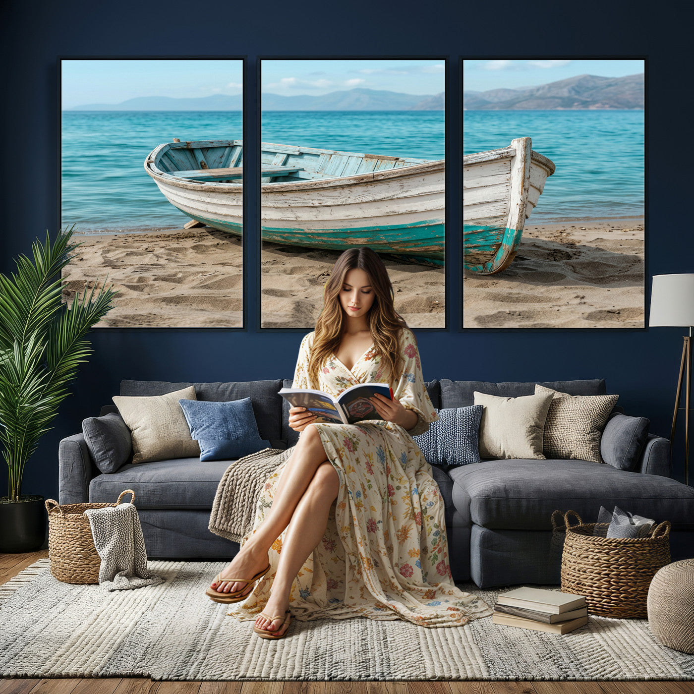 49963709-MGV-CV-36X24 - Coastal Boat Canvas Wall Art Print, Beach Boat Painting, Nautical Ocean Decor, Seascape Wall Art, Ready to Hang