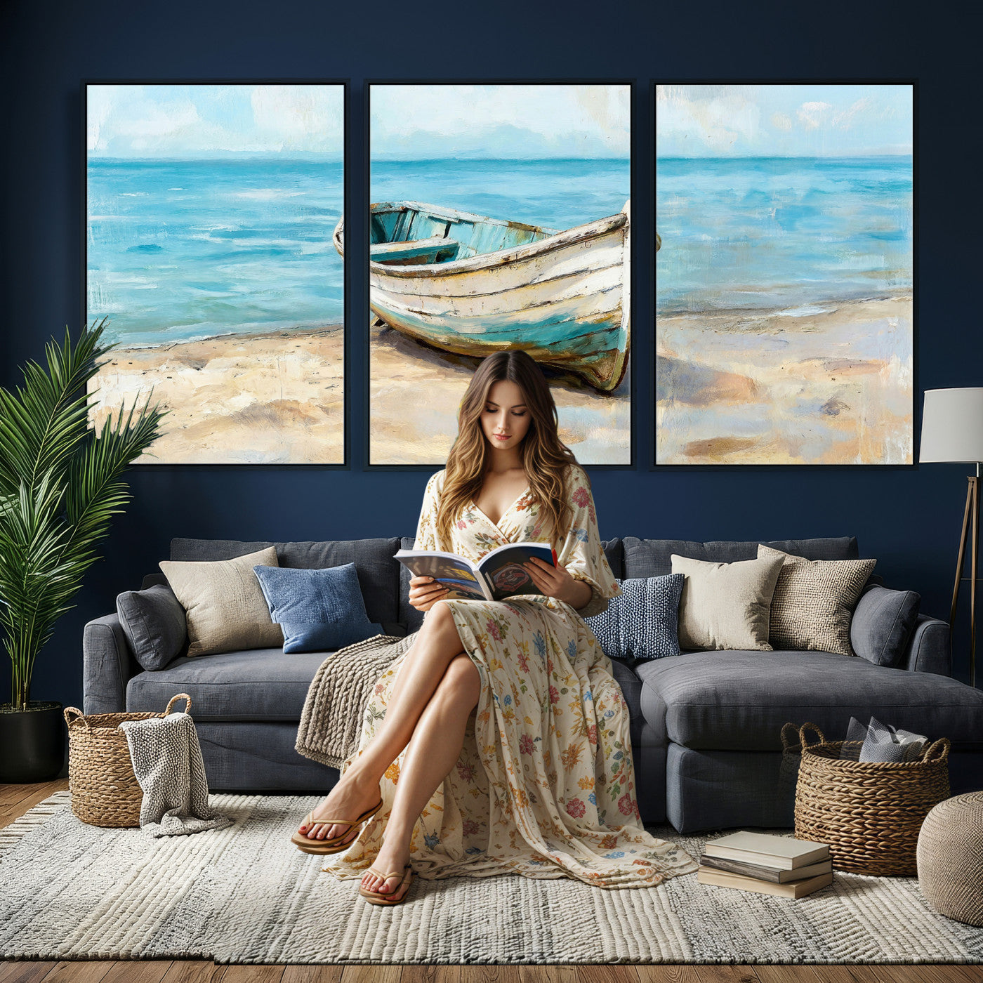 14780565-MGV-CV-36X24 - Coastal Boat Canvas Wall Art Print, Beach Boat Painting, Nautical Ocean Decor, Seascape Wall Art, Ready to Hang