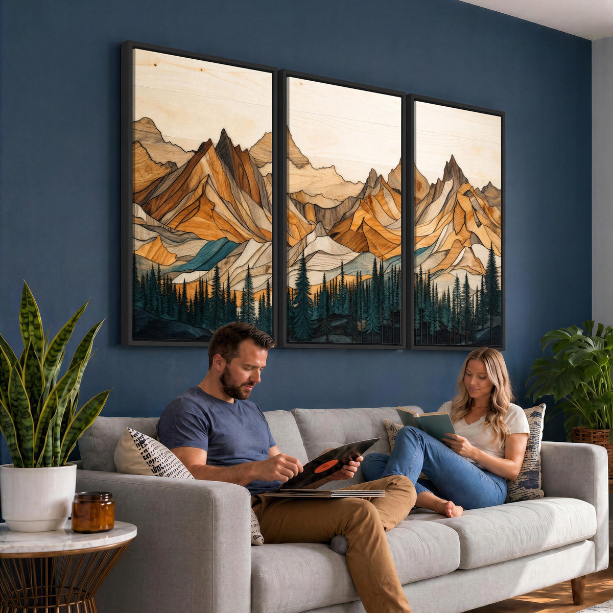57384313-MGV-CV-48X32-3P - Mountain Landscape Canvas Wall Art with Wood Grain Effect, Golden Peaks and Teal Pine Forest, Framed Cabin Decor
