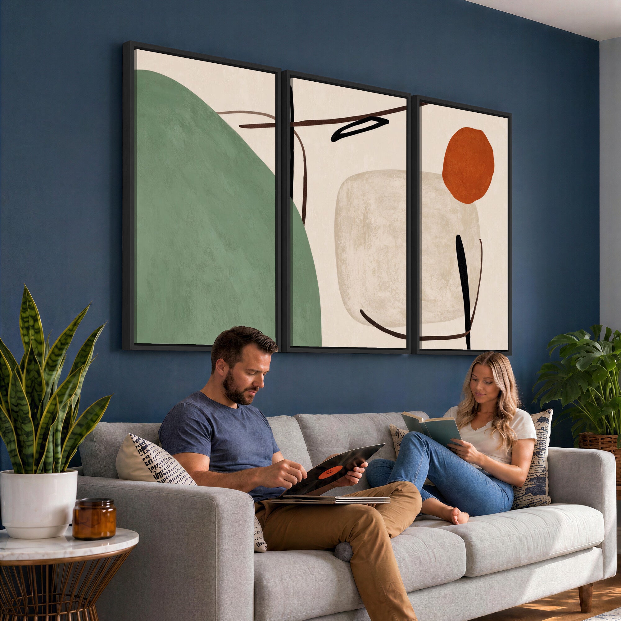 46798824-MGV-CV-48X32-3P - Mid Century Modern Geometric Canvas Wall Art, Abstract Triptych Print