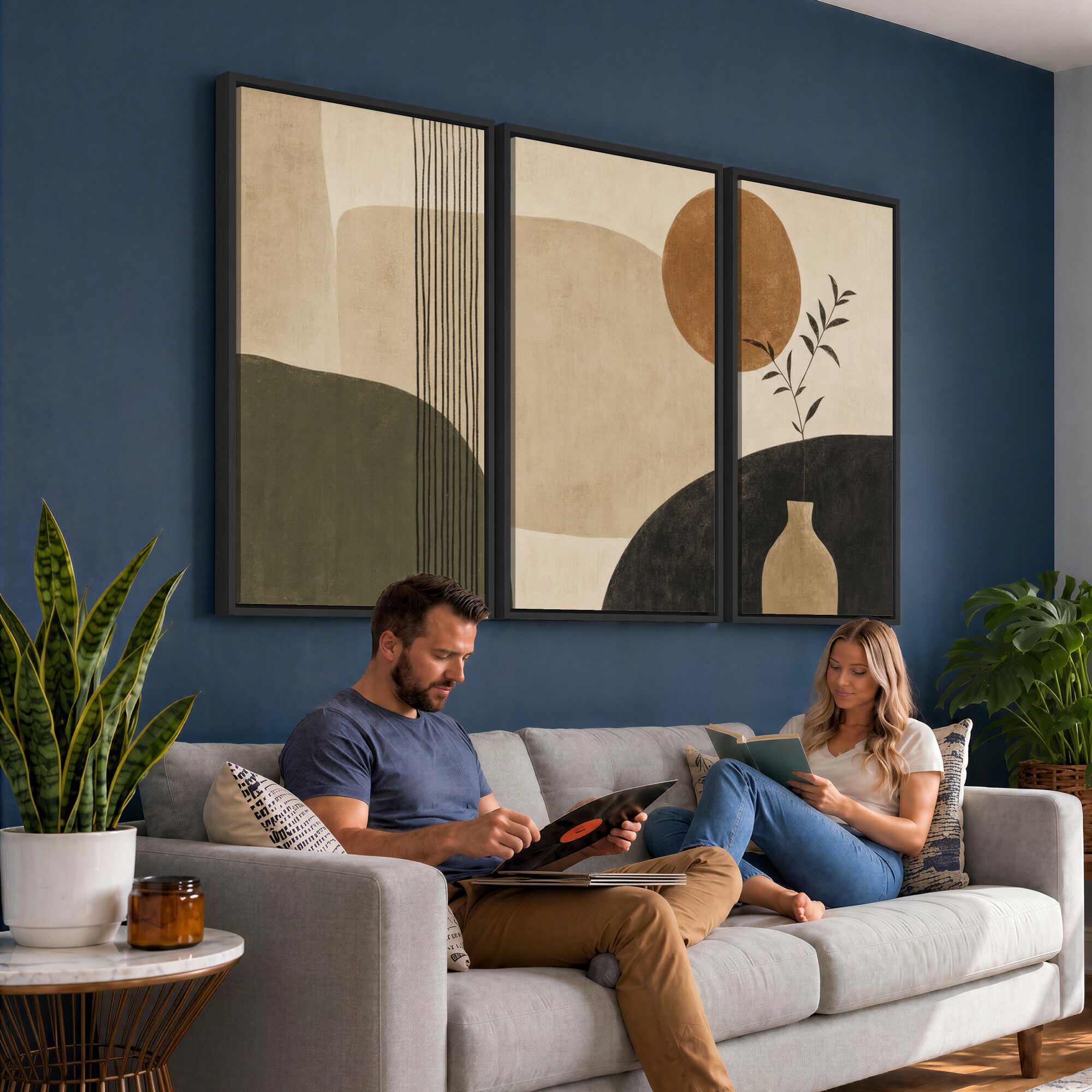 85289499-MGV-CV-60X30-3P - Boho Abstract Sun Canvas Wall Art, Minimalist Sage Green Botanical Print