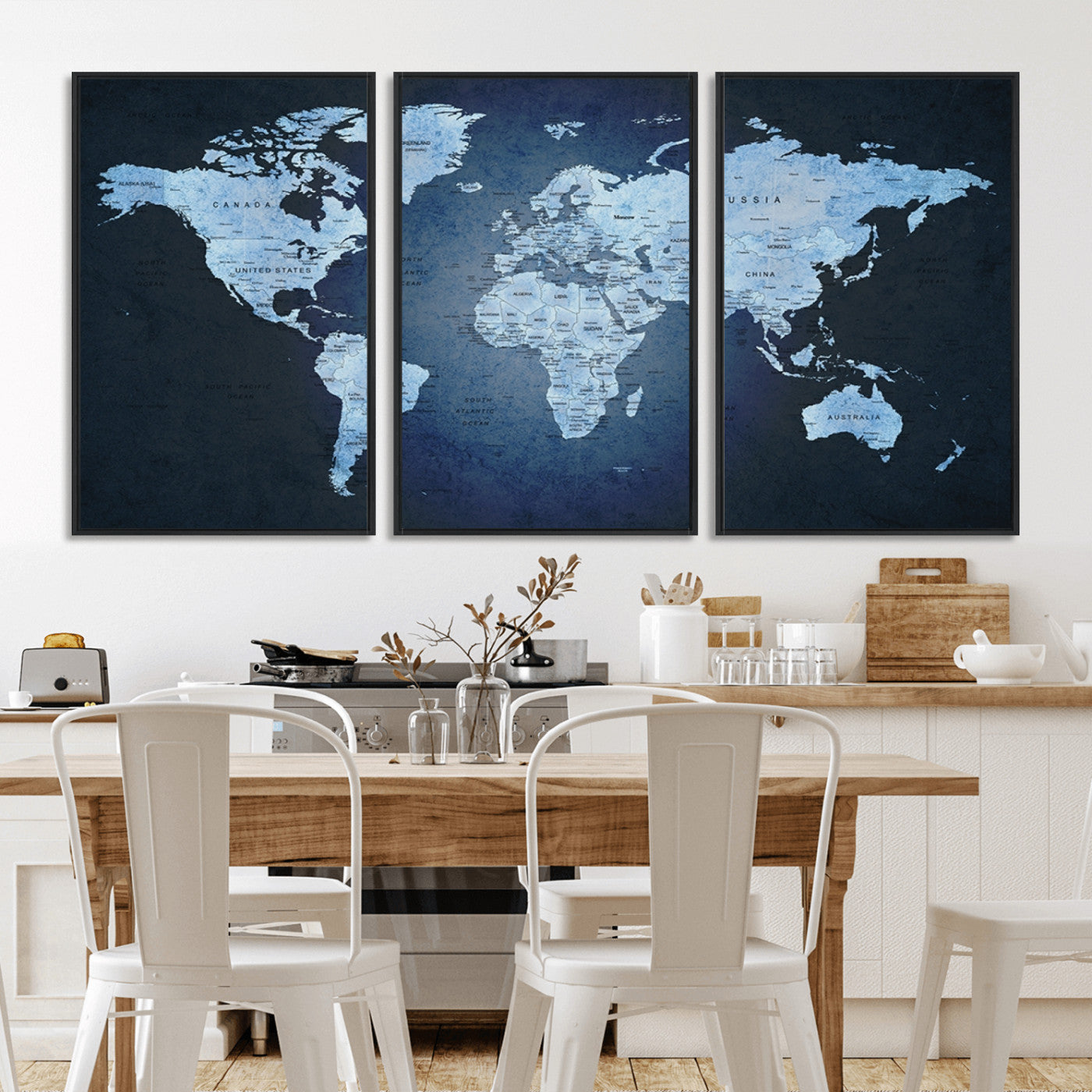-Blue World Map Canvas Wall Art – Framed Modern Push Pin Travel Map for Home and Office Decor, Elegant Navy Global Wall Artwork for Travelers