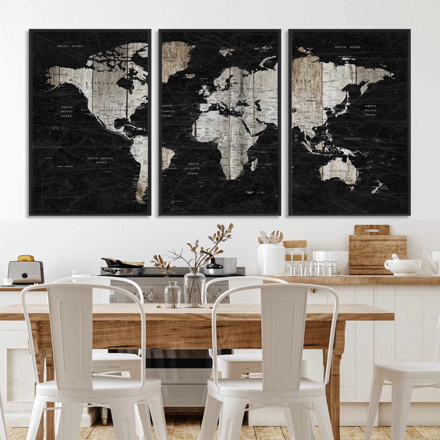 89998-MGV-CV-36X24-Rustic Black and Wood World Map Canvas Wall Art – Framed Push Pin Travel Map for Home and Office Decor, Modern Vintage Wall Artwork