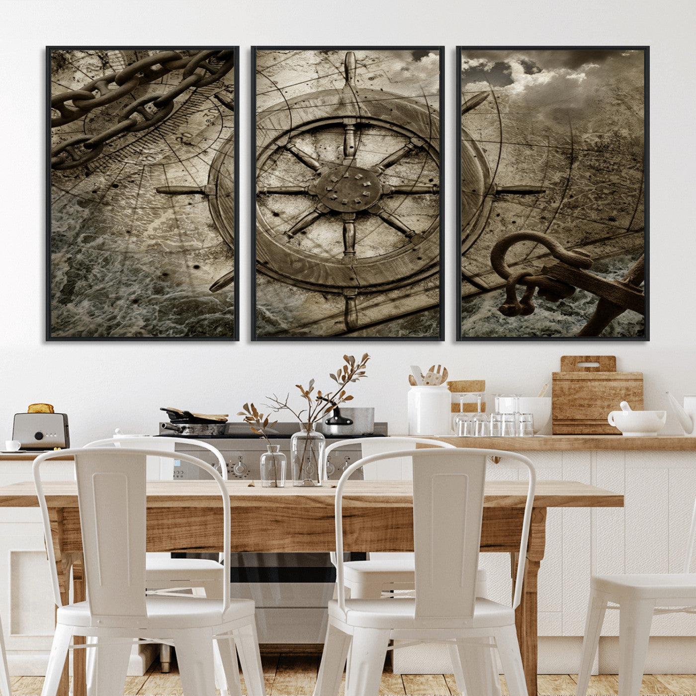 -Wooden Ship Wheel Canvas Print, Multi Panel Canvas Wall Art Print