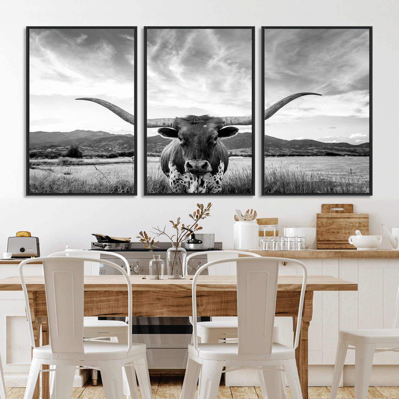 79527-MGV-CV-36X24-Longhorn Black and White Wall Art – Rustic Western Bull Canvas Print, Farmhouse Country Decor for Living Room, Office or Ranch, Cowboy Wall Artwork