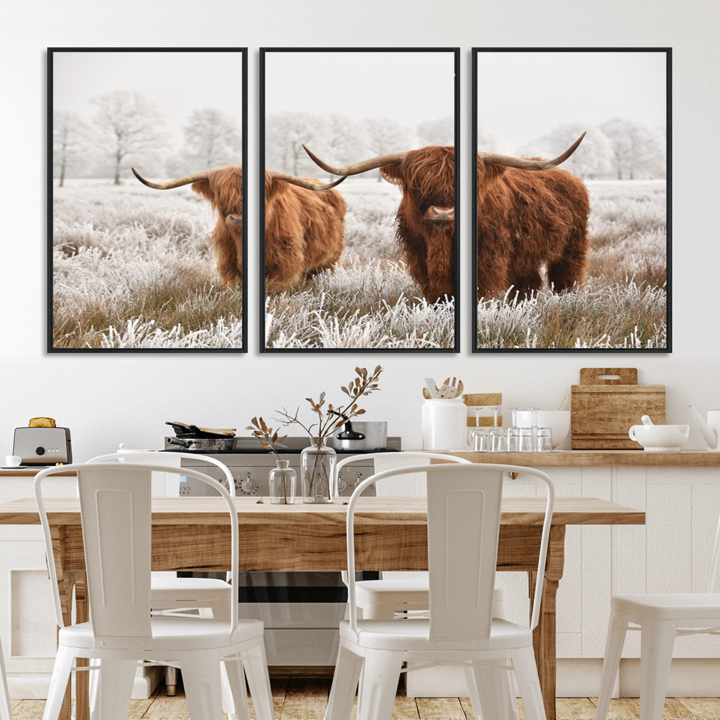 -Longhorn Cattle Wall Art Canvas Print, Framed Farmhouse Style Art Picture Print, Rustic Cow Perfect Rustic Farmhouse Decor Artwork