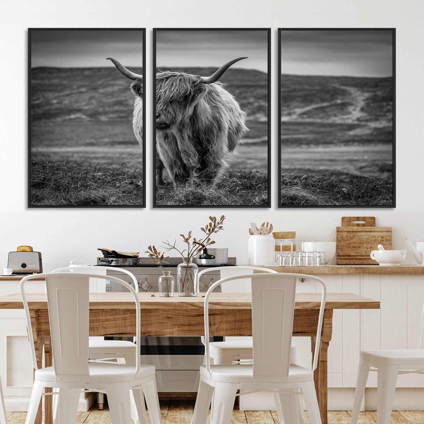 -Fluffy Cattle Wall Art Print, Highland Cow Canvas, Framed Black and white Wall Art